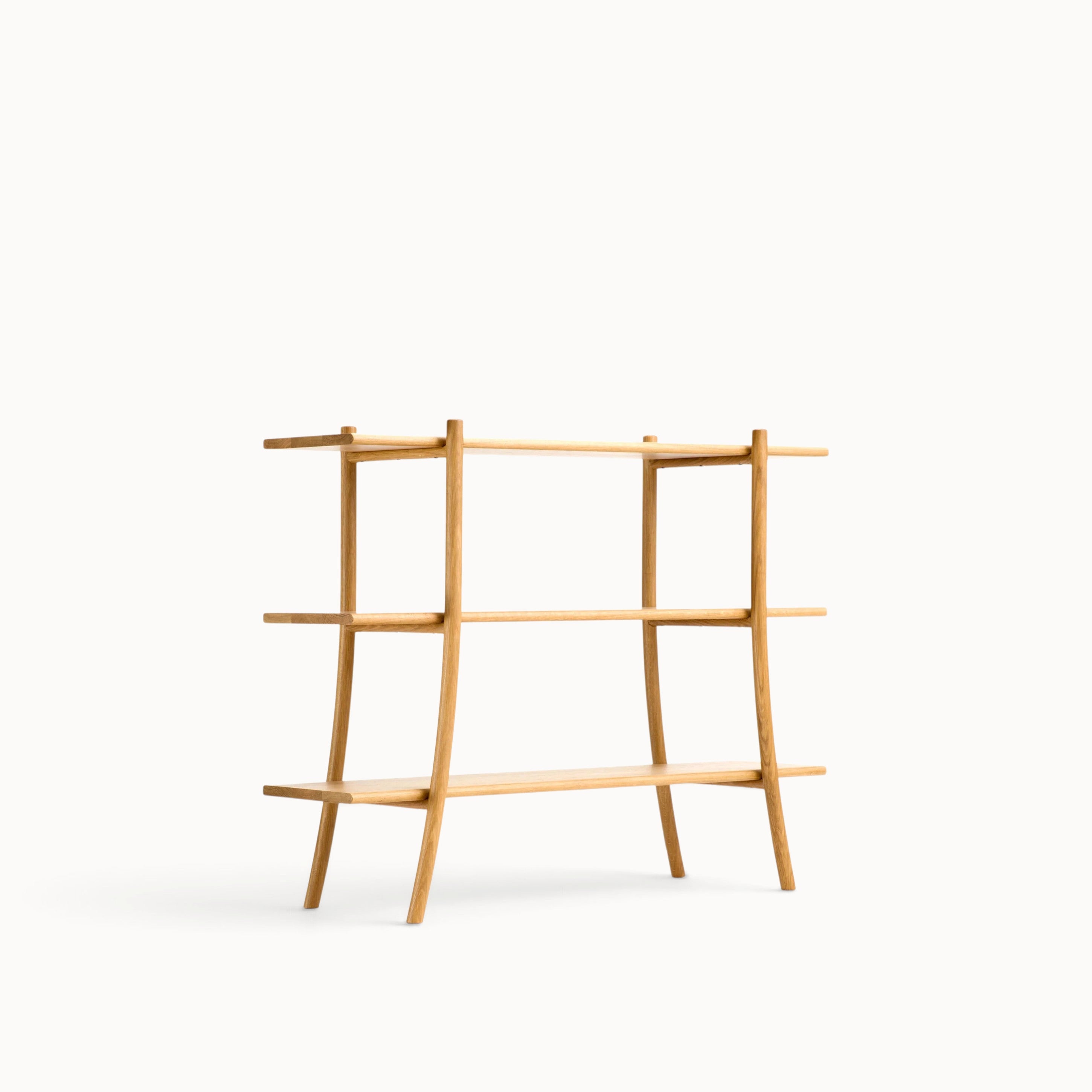 hibino Ariake Skyladder three-tier wooden shelving unit with curved legs inspired by a rope ladder