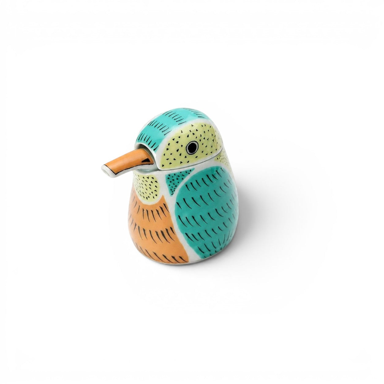 hibino Arita porcelain soy sauce dispenser shaped like a colorful Kingfisher bird with a drip-free pouring spout