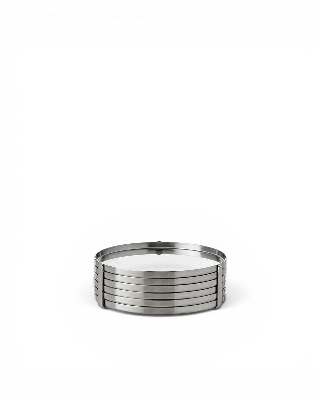 hibino Arne Jacobsen stainless steel coaster set of 6 with a minimalist cylindrical storage stand