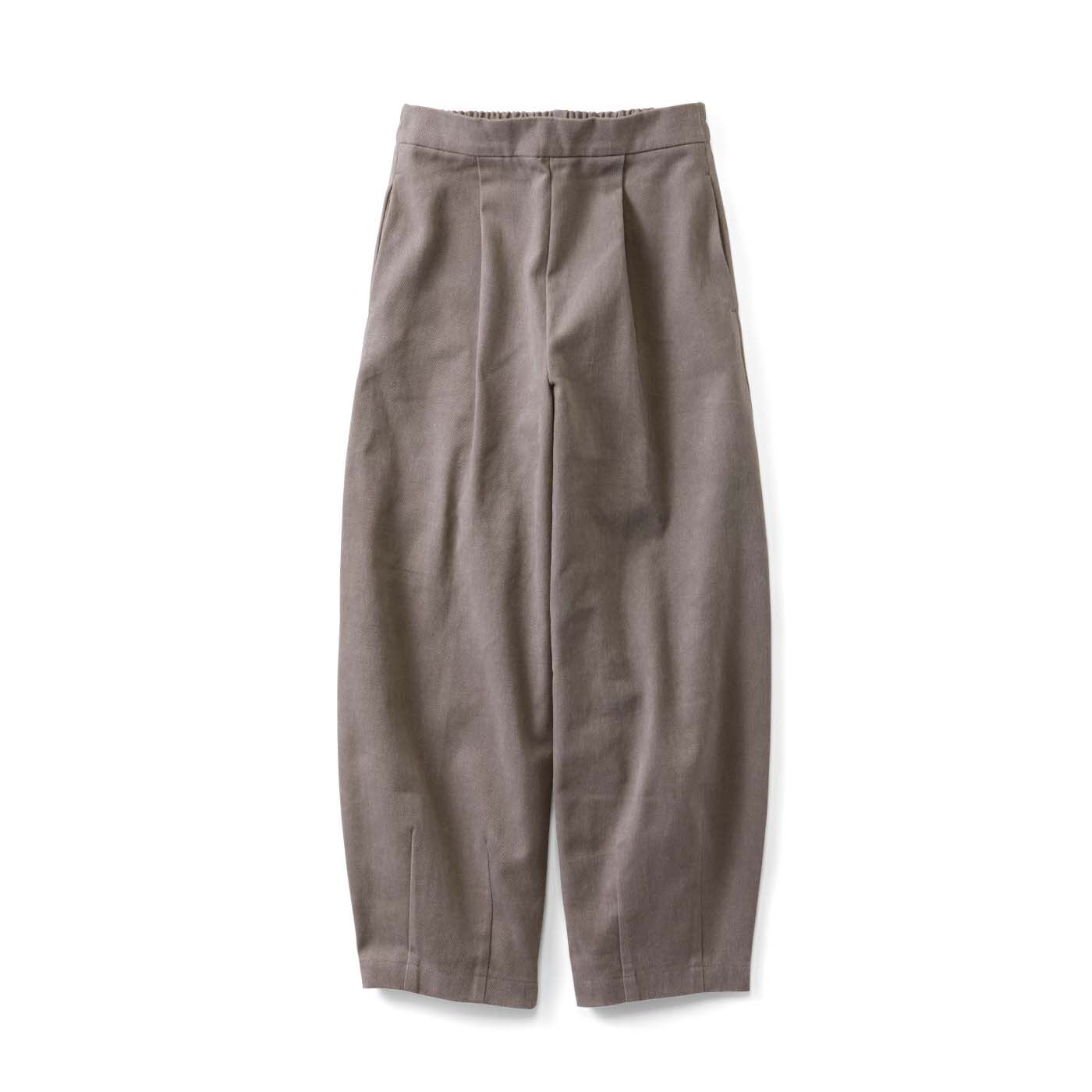 hibino ash grey cotton monpe pants with front tucks, side pockets, and darted hems for a comfortable, elegant fit.