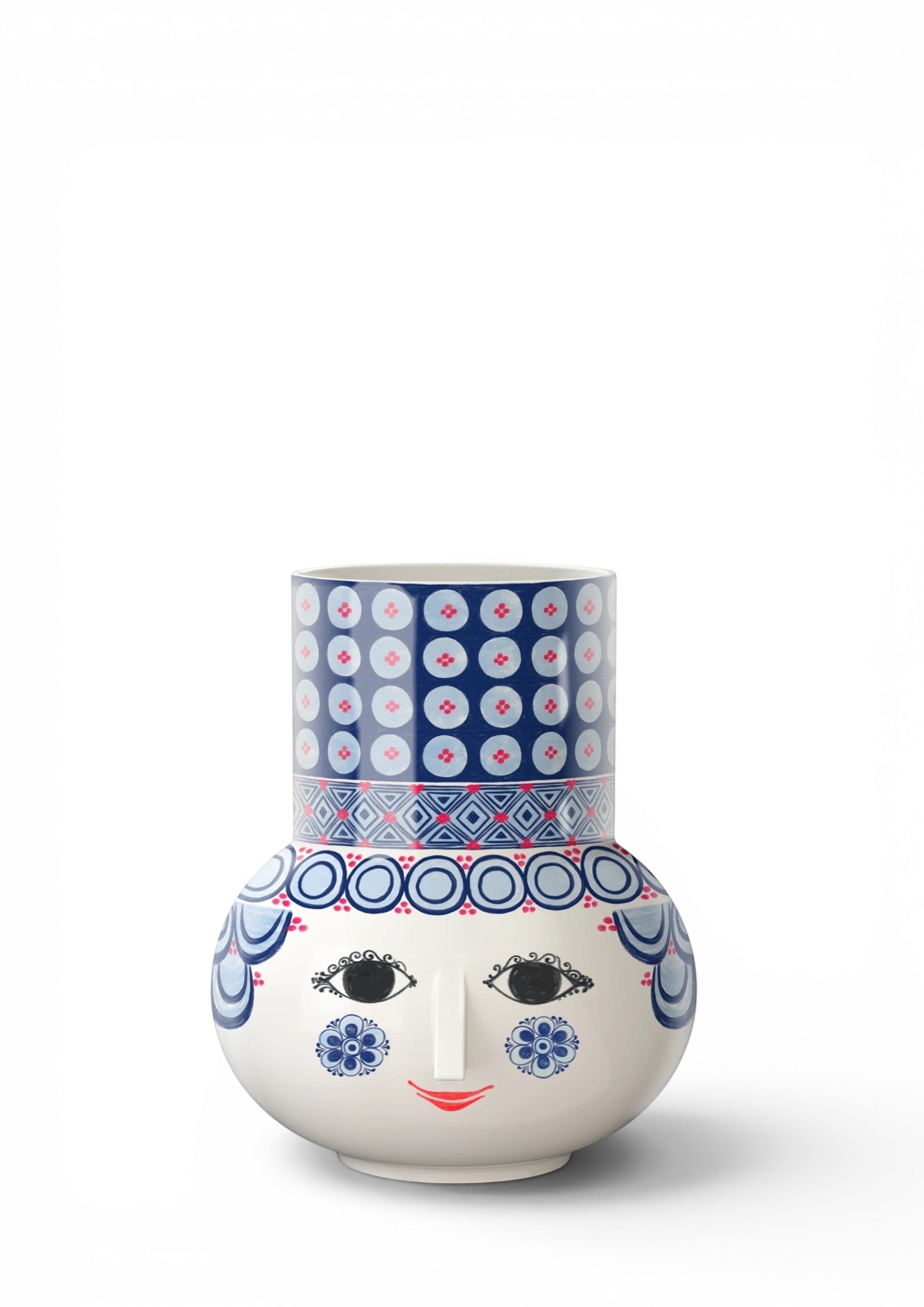 hibino Bjørn Wiinblad Olga ceramic vase with blue and red patterned face design on a white glazed background