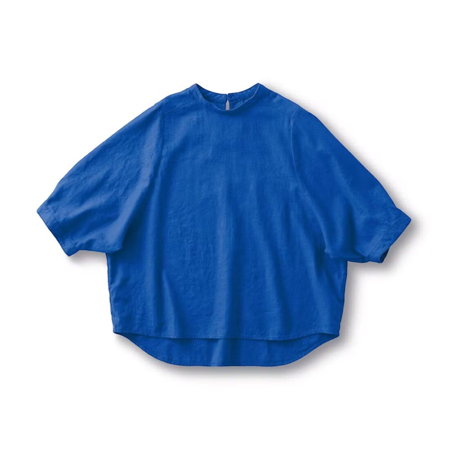 hibino blue dolman sleeve top with a round neckline and relaxed, loose-fitting silhouette on a white background