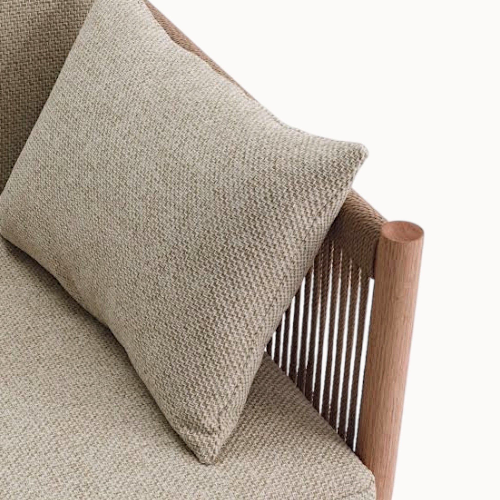hibino Braid Sofa featuring a beige textured cushion, wooden frame, and intricate woven paper cord armrest details.