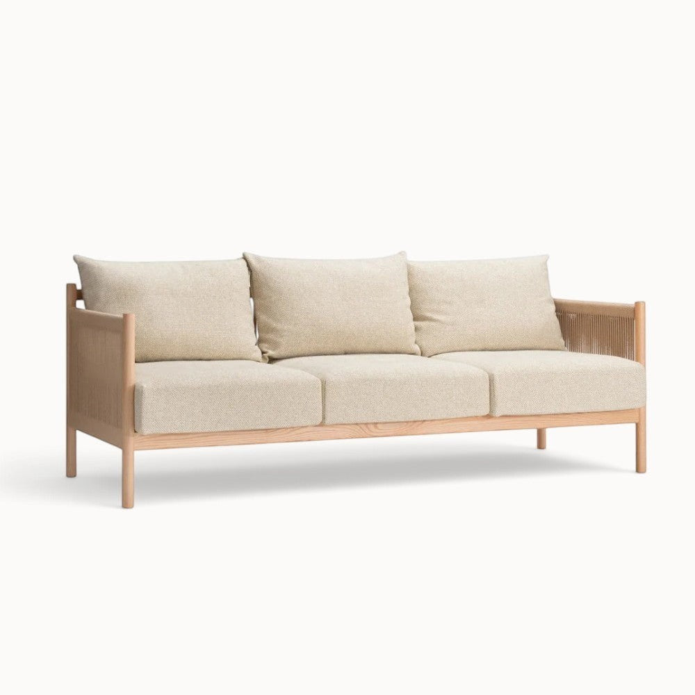hibino Braid sofa featuring a light wood frame with woven paper cord armrests and neutral beige upholstered cushions.