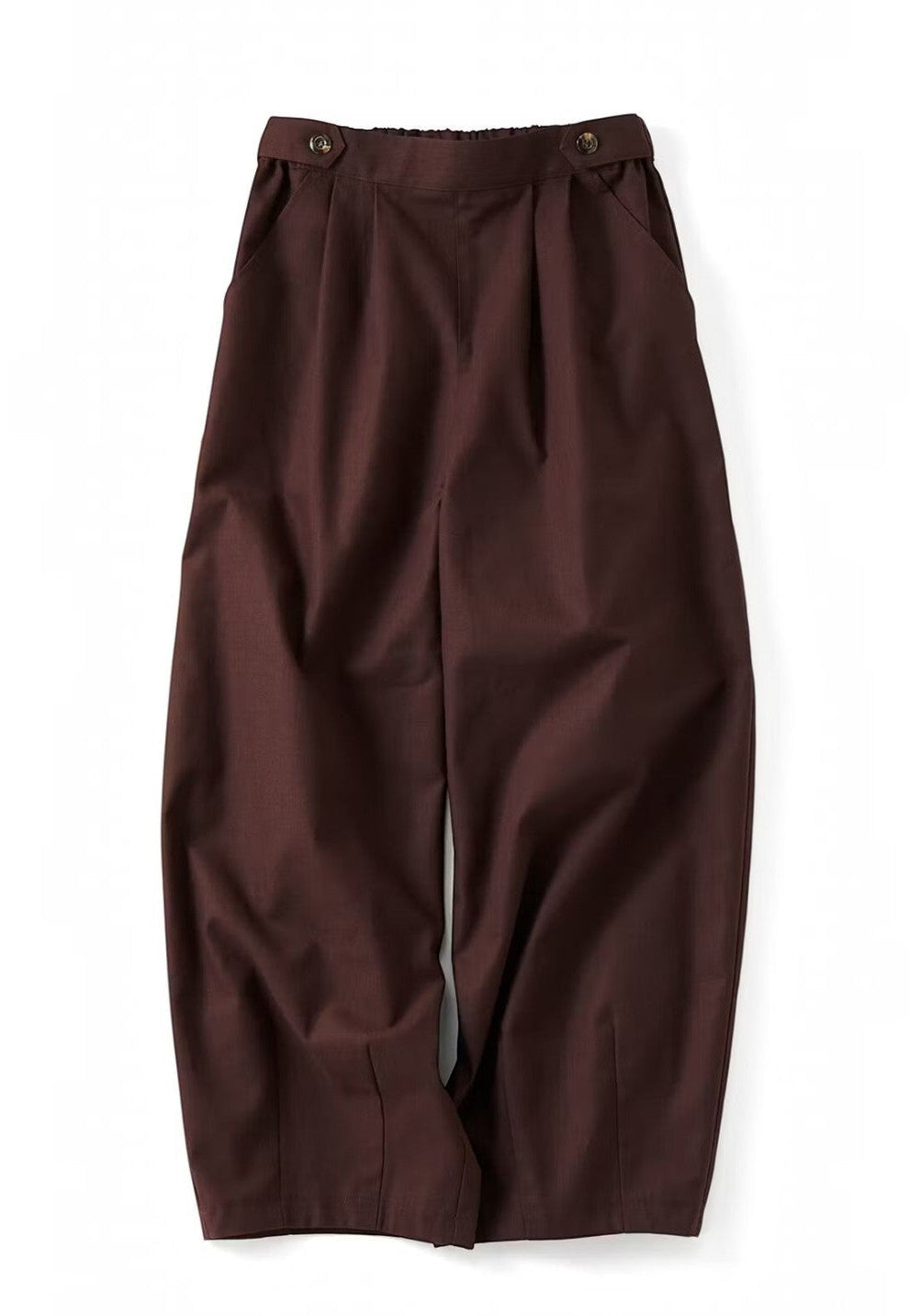 hibino dark brown linen blend curved pants with an elasticated back waistband and side button tab details