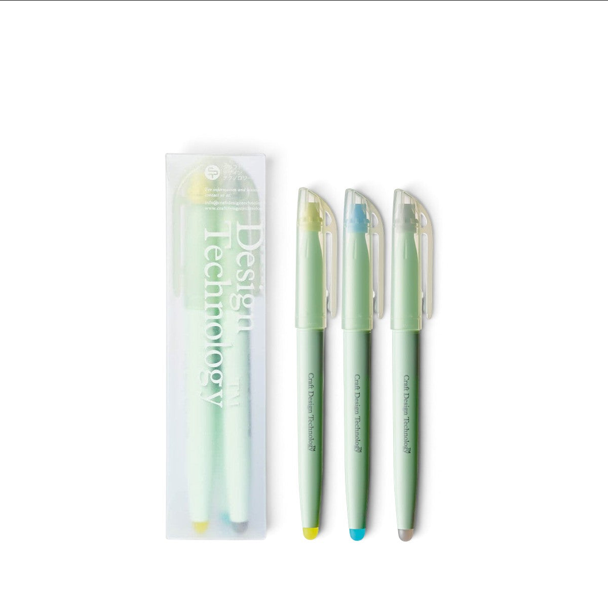 hibino CDT Frixion highlighter set in soft yellow, sky blue, and gray with frosted glass-style storage case