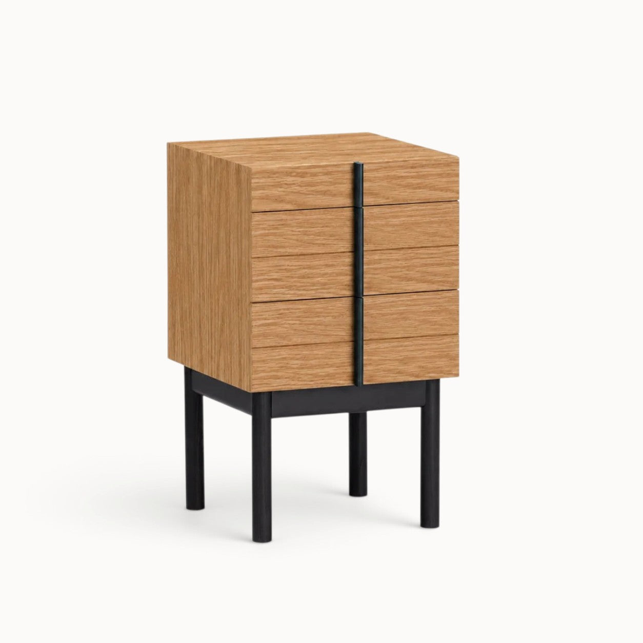 hibino Column Night Table in oak wood with black metal legs and a vertical handle design featuring dovetail joints
