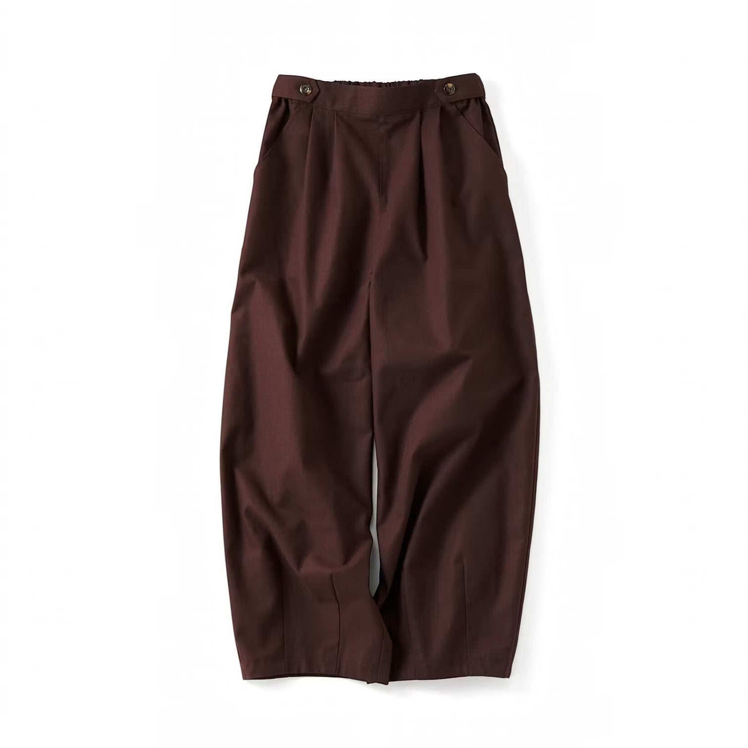 hibino dark brown linen blend curved pants with an elasticated back waistband and side tab button details