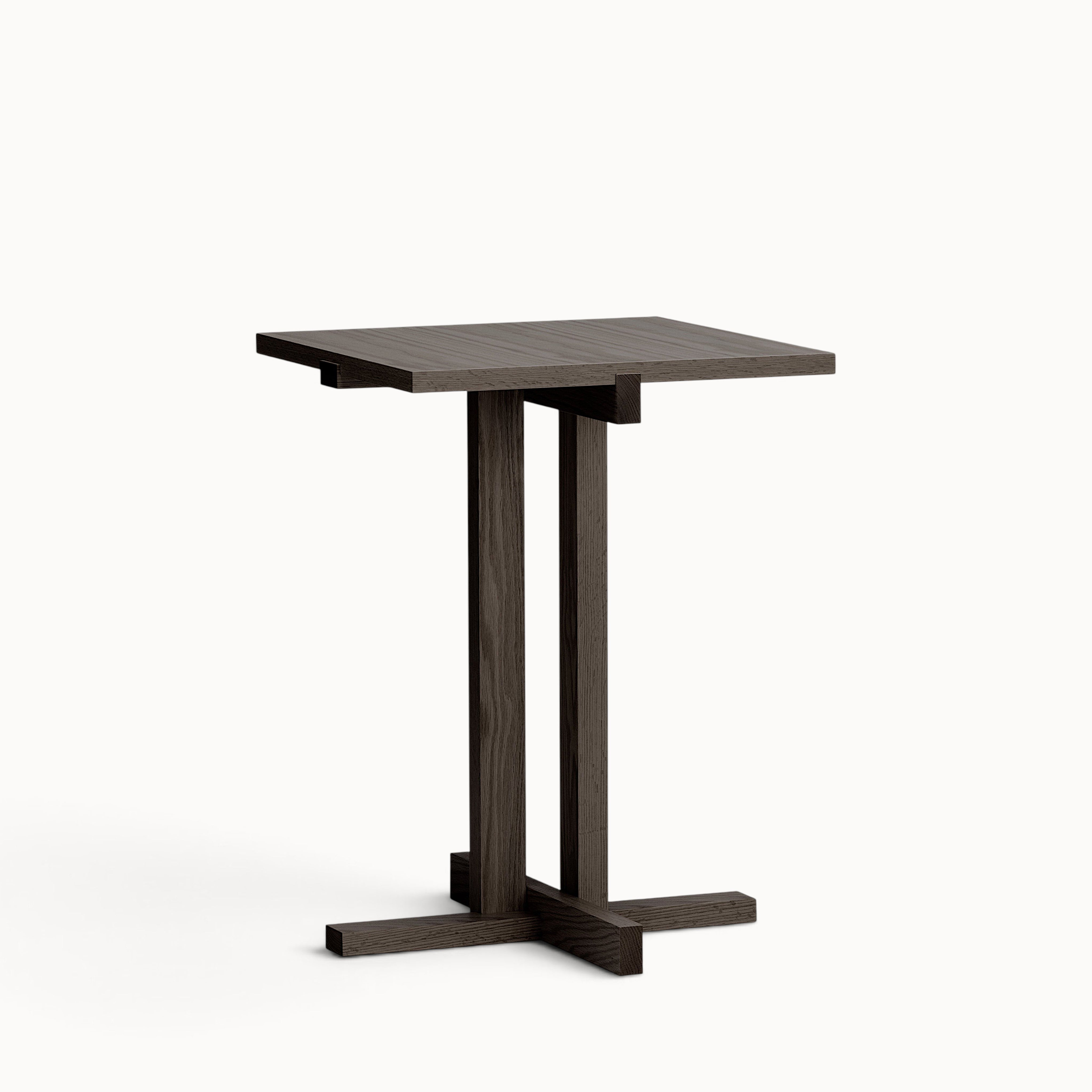 hibino Elements table in dark stained wood with a minimalist square top and geometric cross-base design