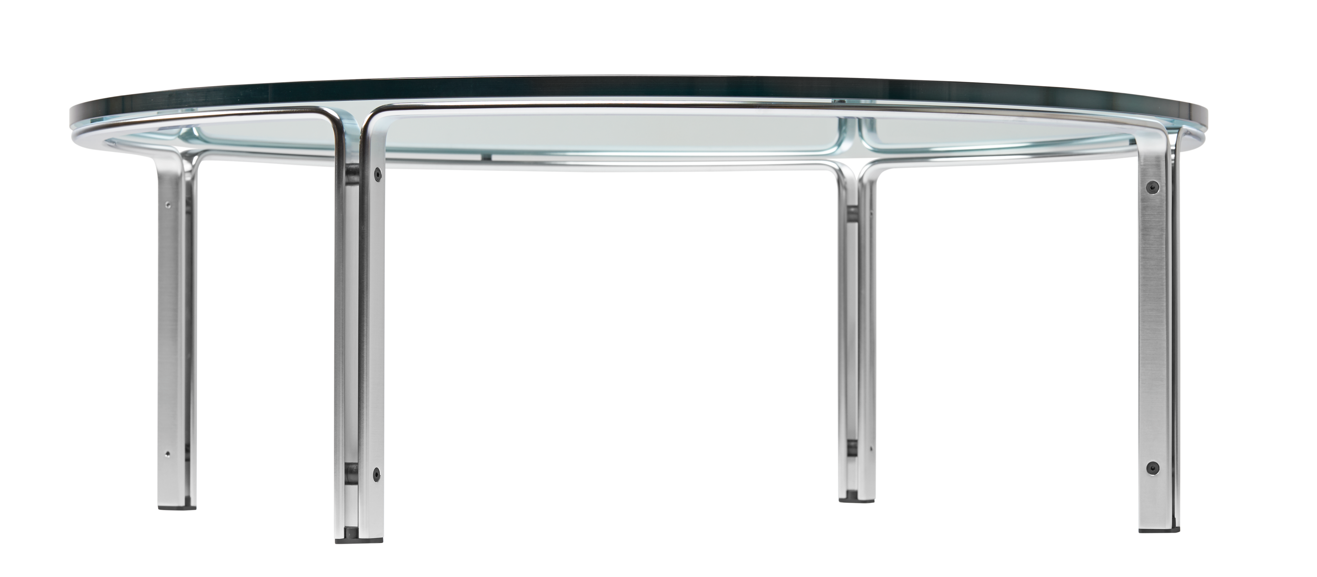 hibino FK110 round coffee table with a clear glass top and a minimalist architectural steel frame