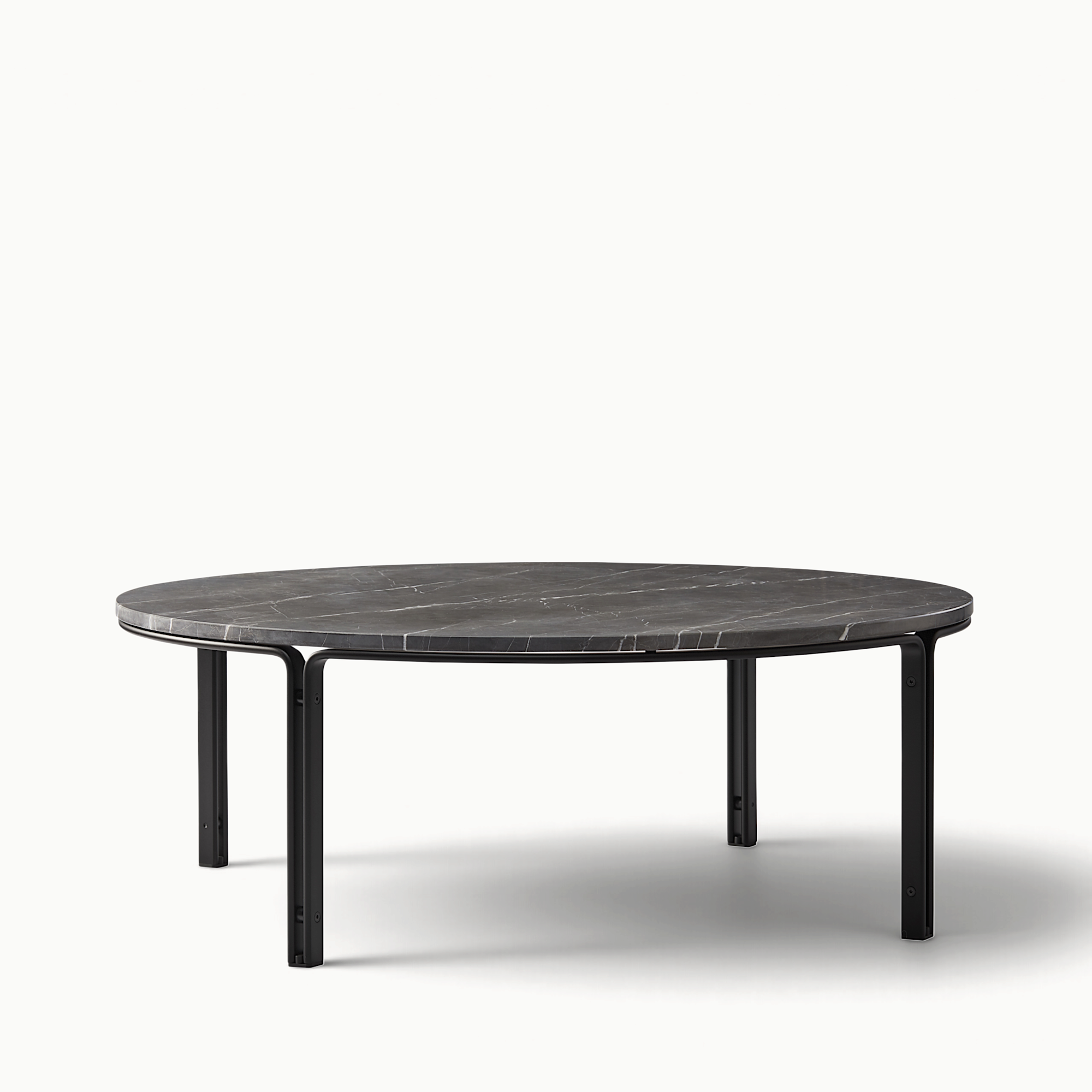 hibino FK110 round coffee table with a black marble top and minimalist black steel frame