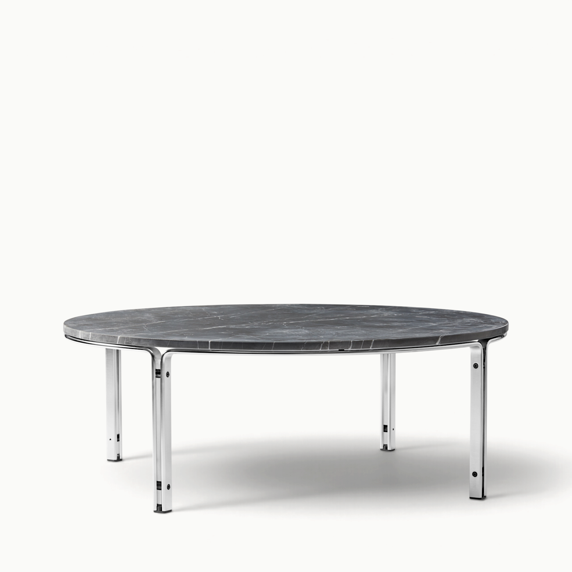 hibino FK110 round coffee table with a dark grey marble top and minimalist polished steel frame
