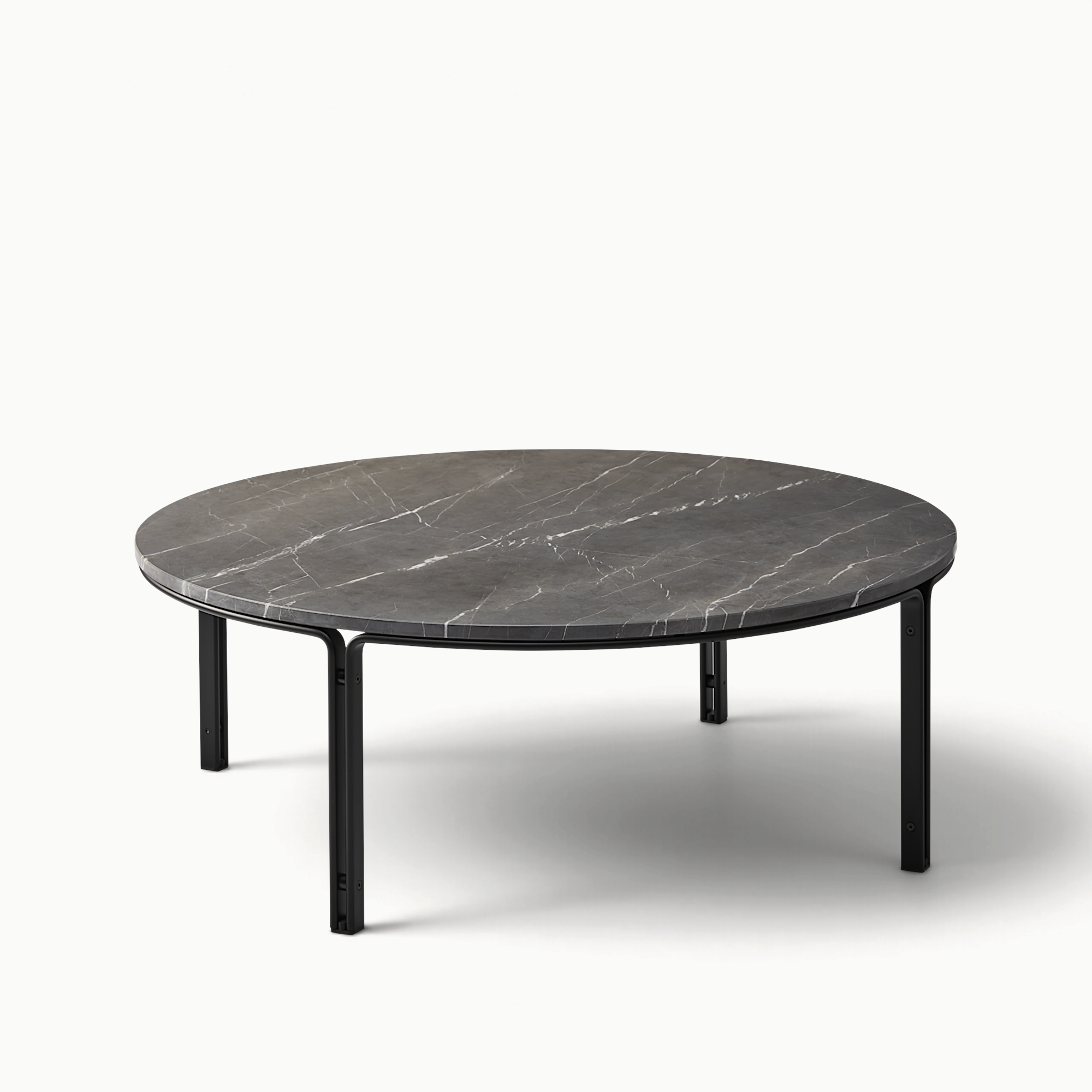 hibino FK110 round coffee table with a dark grey marble top and a minimalist black steel frame
