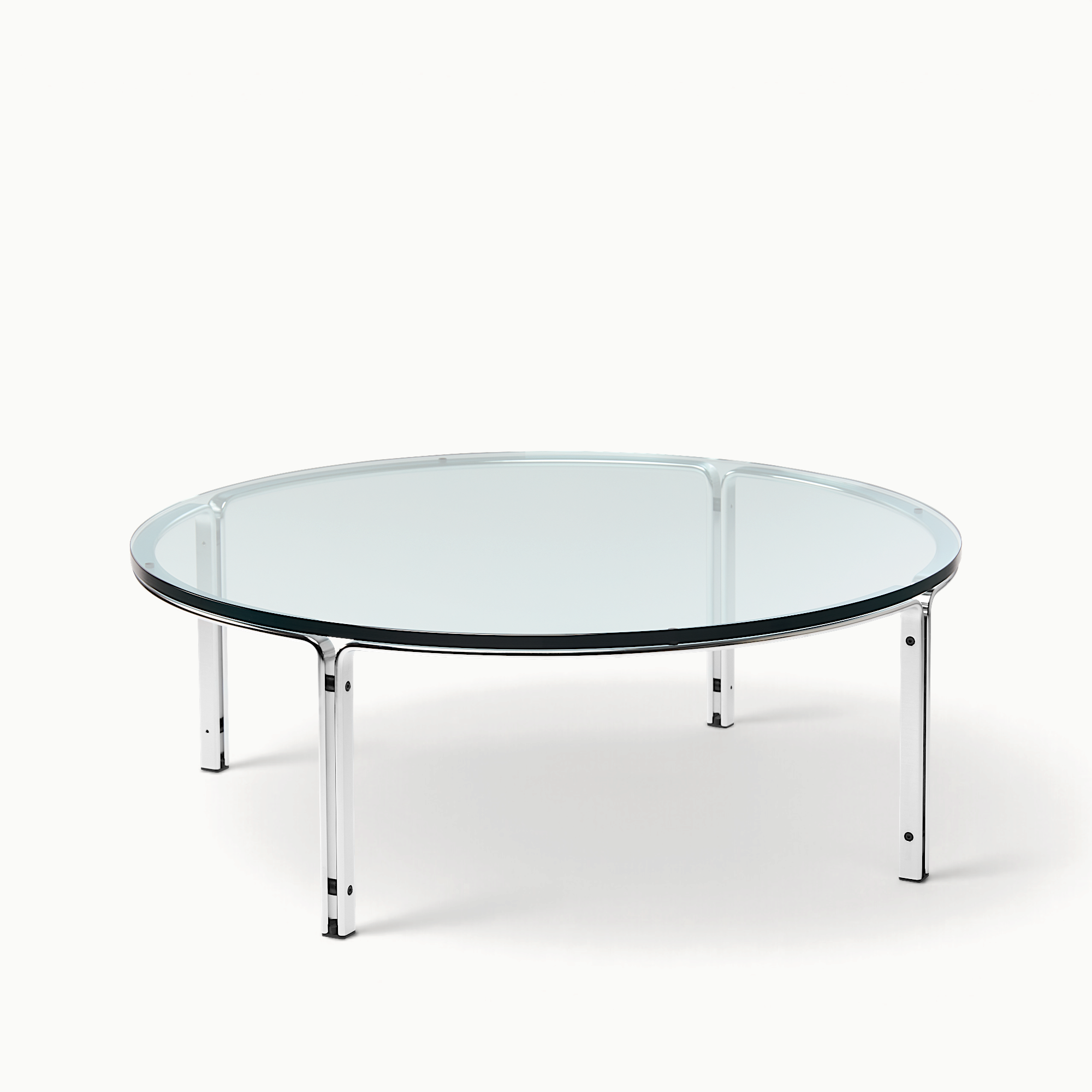 hibino FK110 round coffee table with a clear glass top and minimalist chrome steel frame