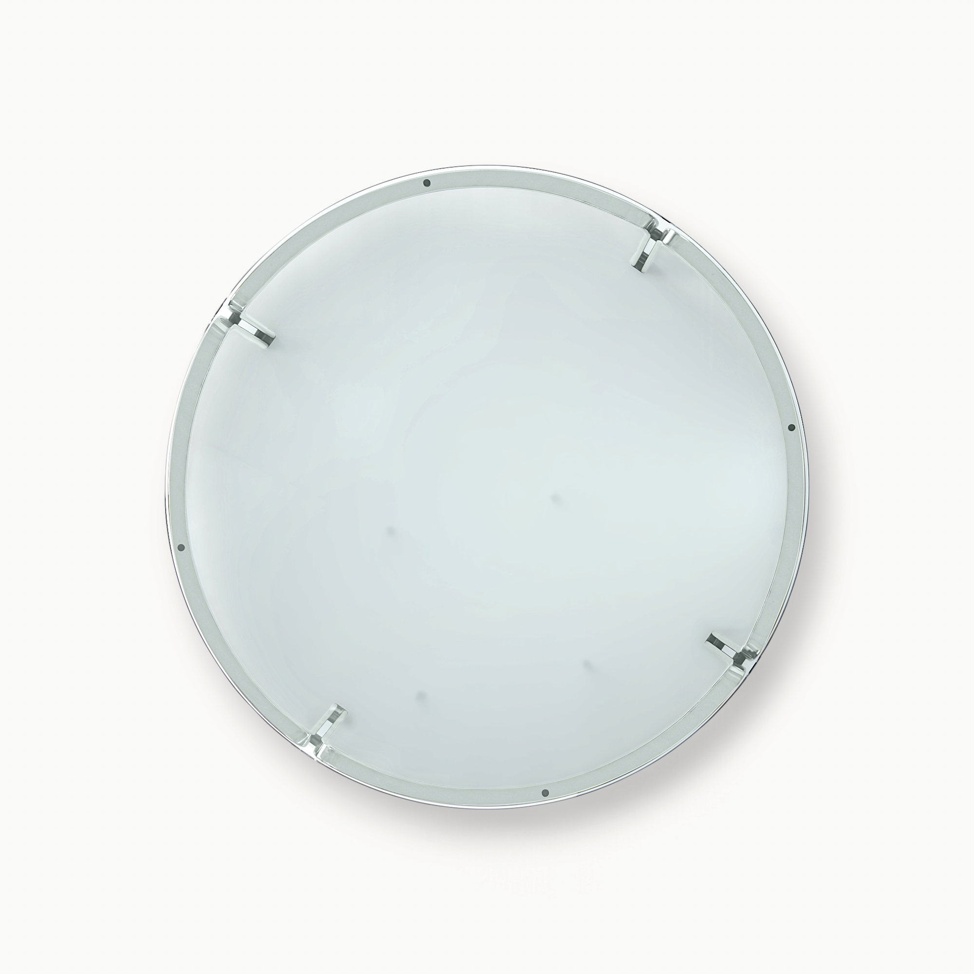hibino FK110 round coffee table with a clear glass top and minimalist steel frame, top-down view