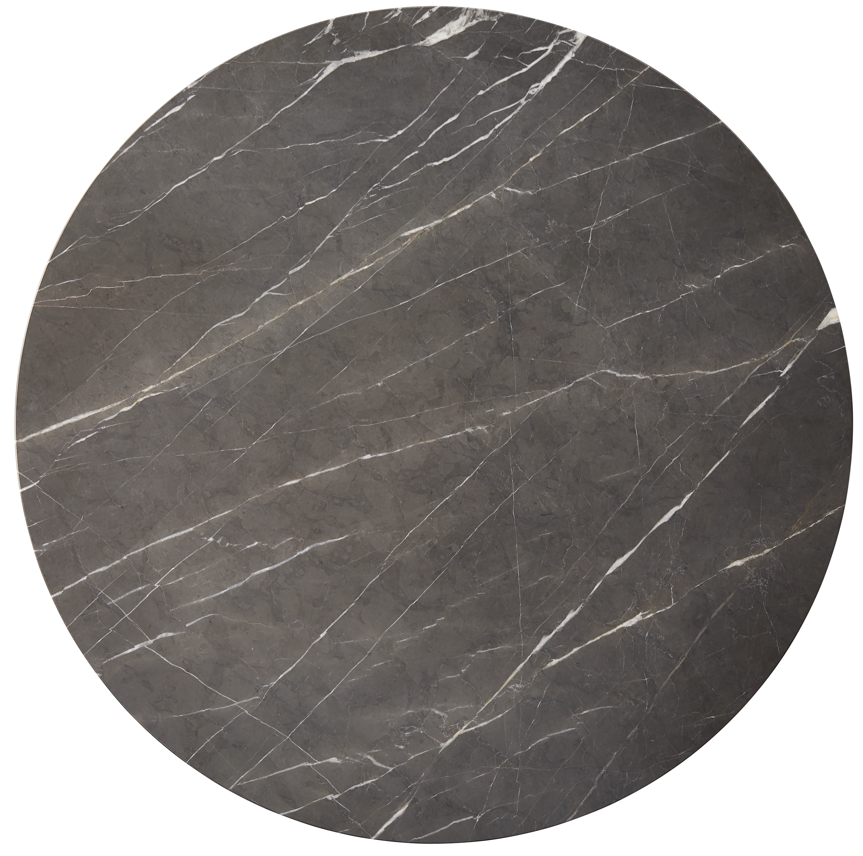 hibino FK110 round coffee table with a dark grey marble top featuring elegant white veining, top-down view