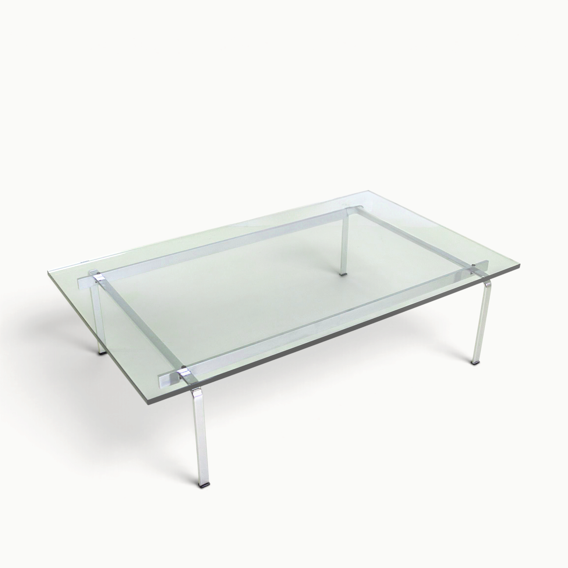 hibino FK89 coffee table with a clear glass top and a minimalist brushed chrome steel frame