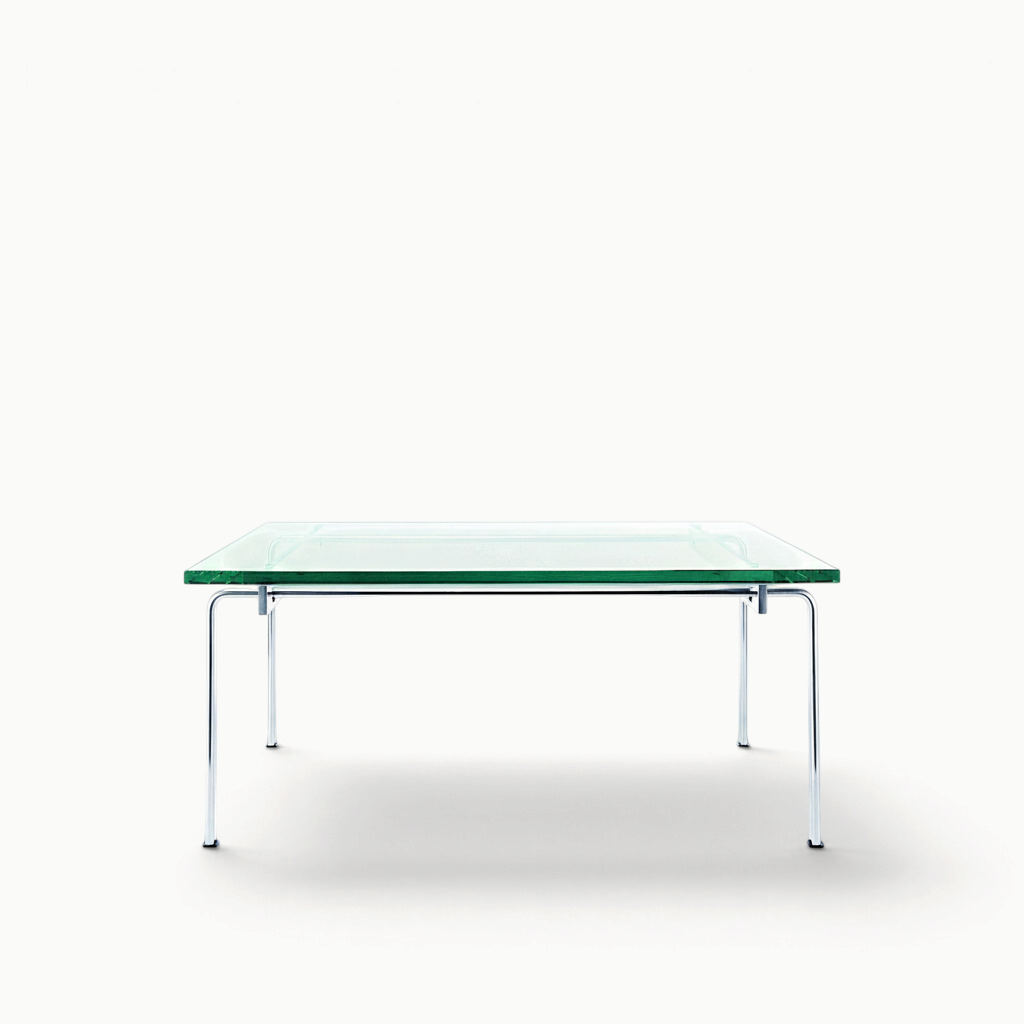 hibino FK89 coffee table with a minimalist glass top and a sleek brushed chrome steel frame on a white background