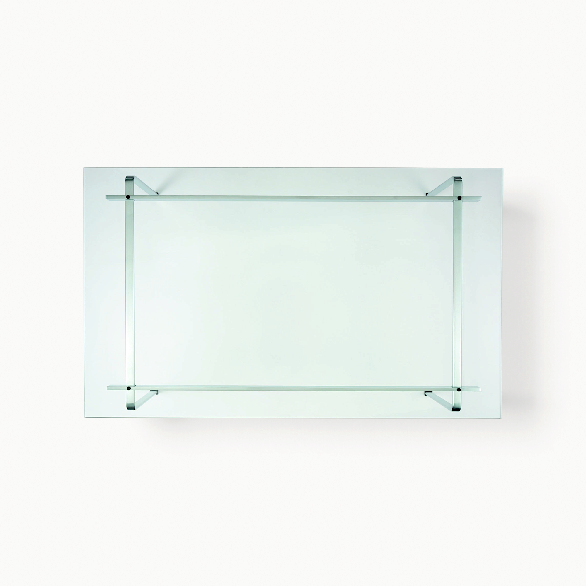 hibino FK89 coffee table with a clear glass top and minimalist brushed chrome steel frame viewed from above