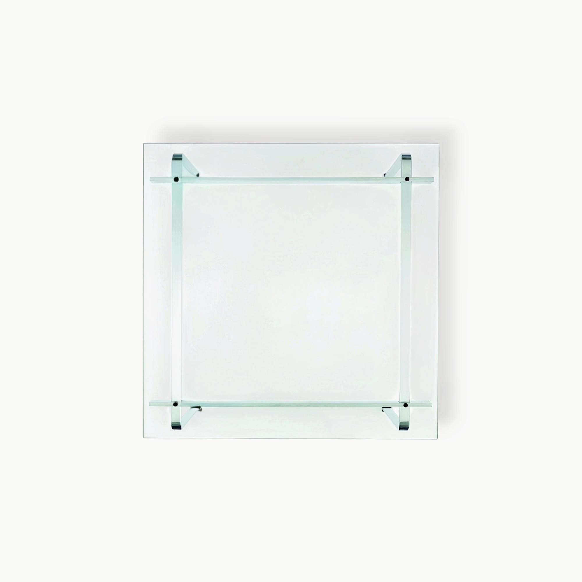 hibino FK89 square coffee table with a clear glass top and minimalist brushed chrome steel frame, top view