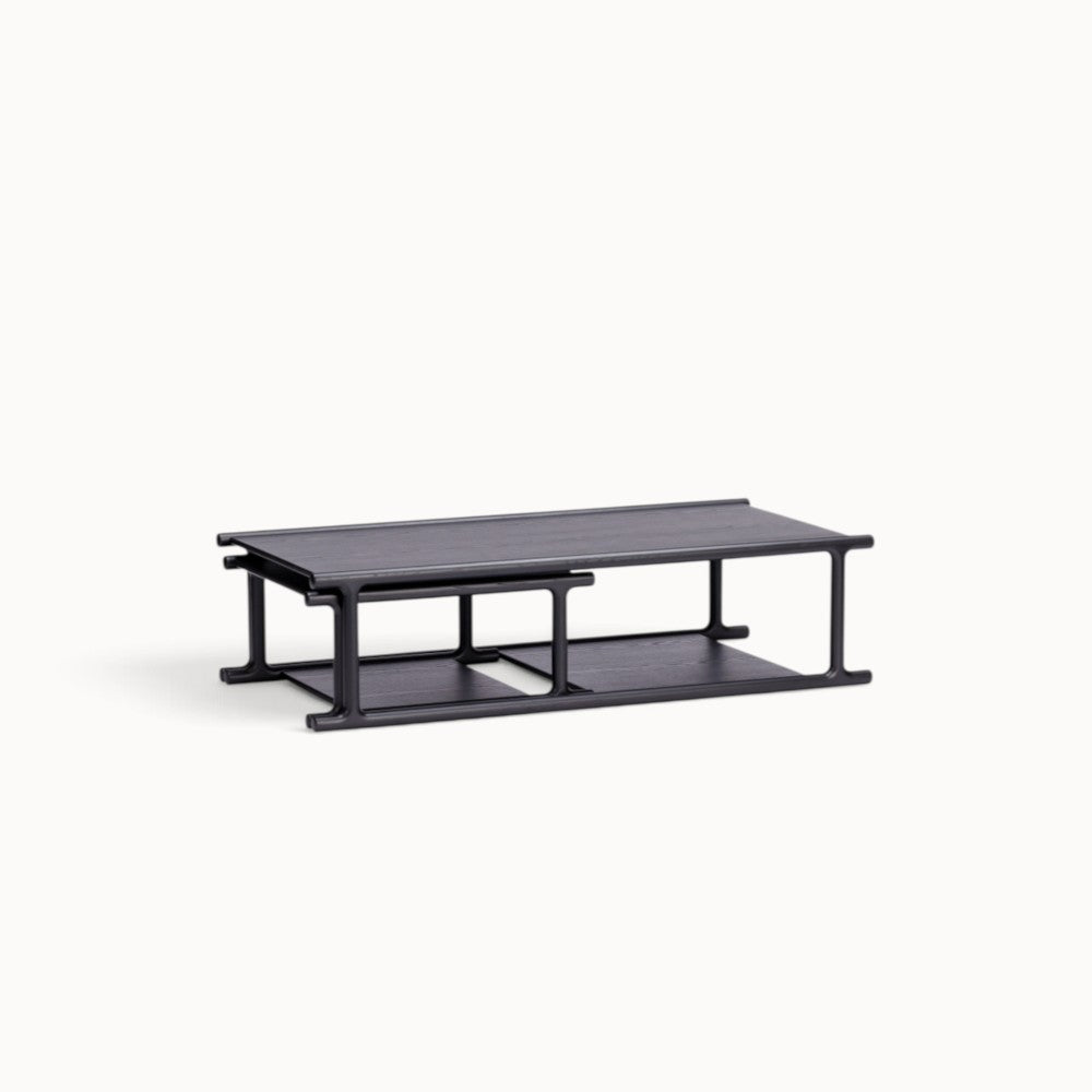 hibino Futago nesting coffee table set in black wood with a minimalist Japanese-inspired design and lower shelves.