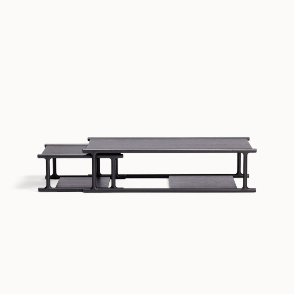 hibino Futago nesting coffee tables in dark wood with a minimalist Japanese-inspired design and lower storage shelves
