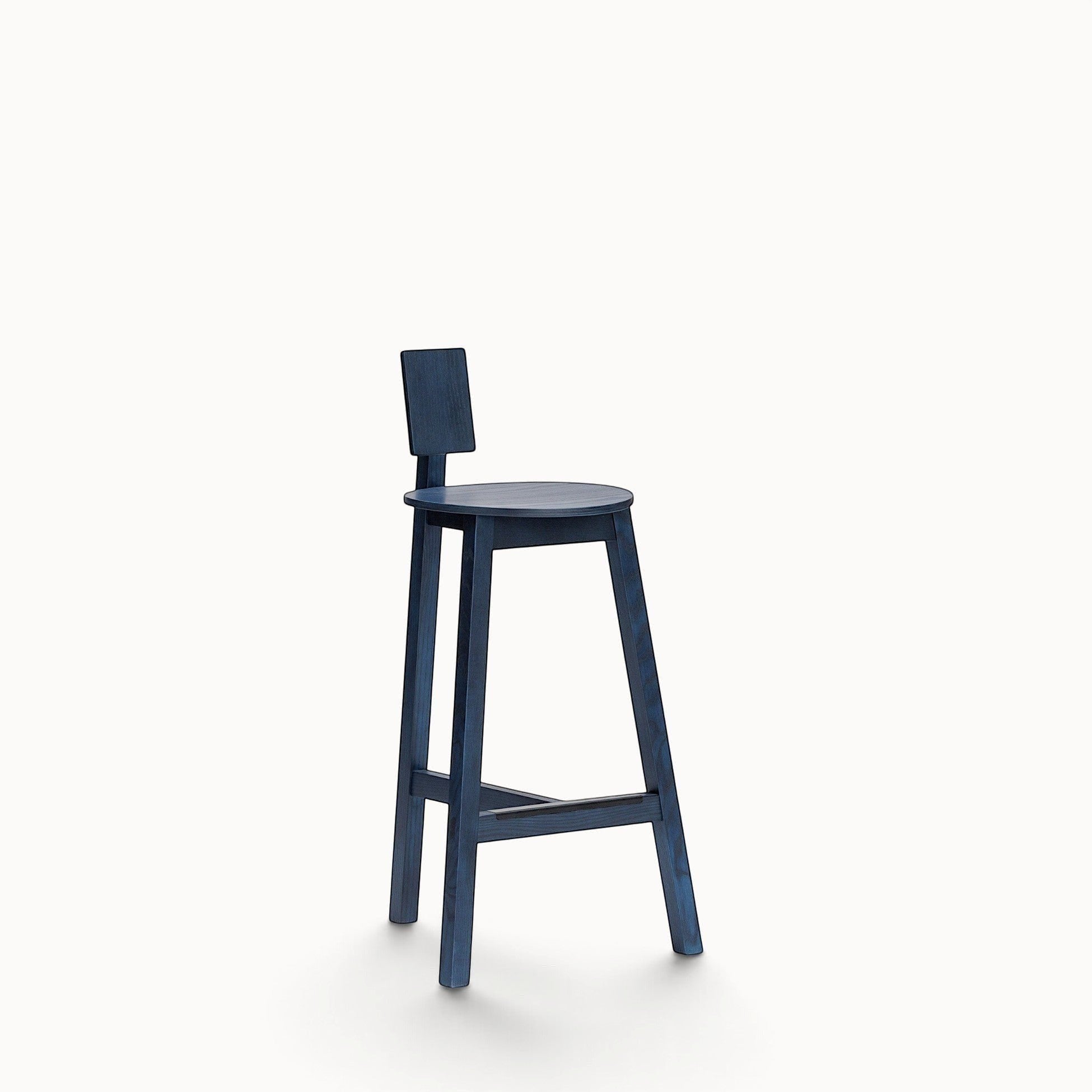 hibino Homage counter stool in indigo stained wood with a minimalist design, round seat, and low rectangular backrest