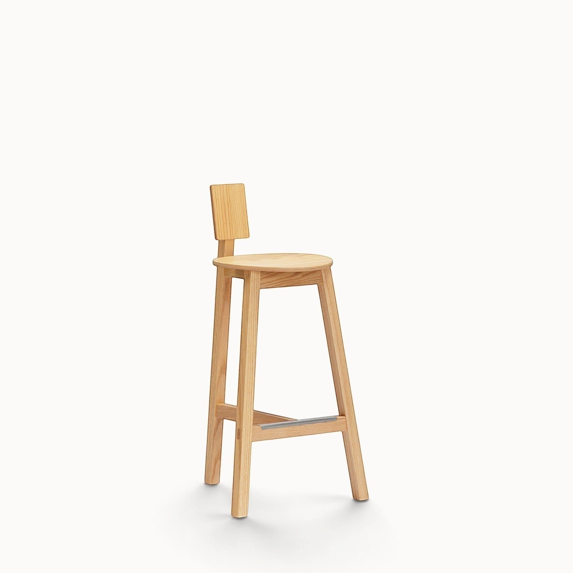 hibino Homage counter stool in natural oak wood with a minimalist T-shaped backrest and slim, lightweight design.