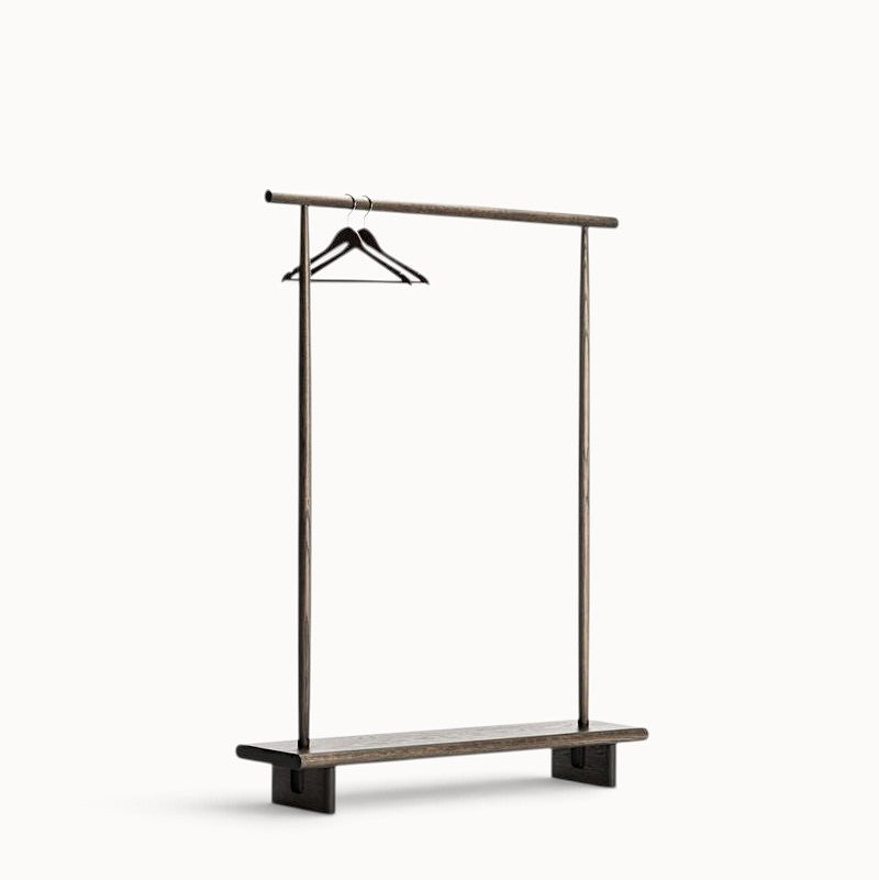 hibino Kata coat stand in dark wood with a minimalist Japanese-inspired design and a base shelf for storage