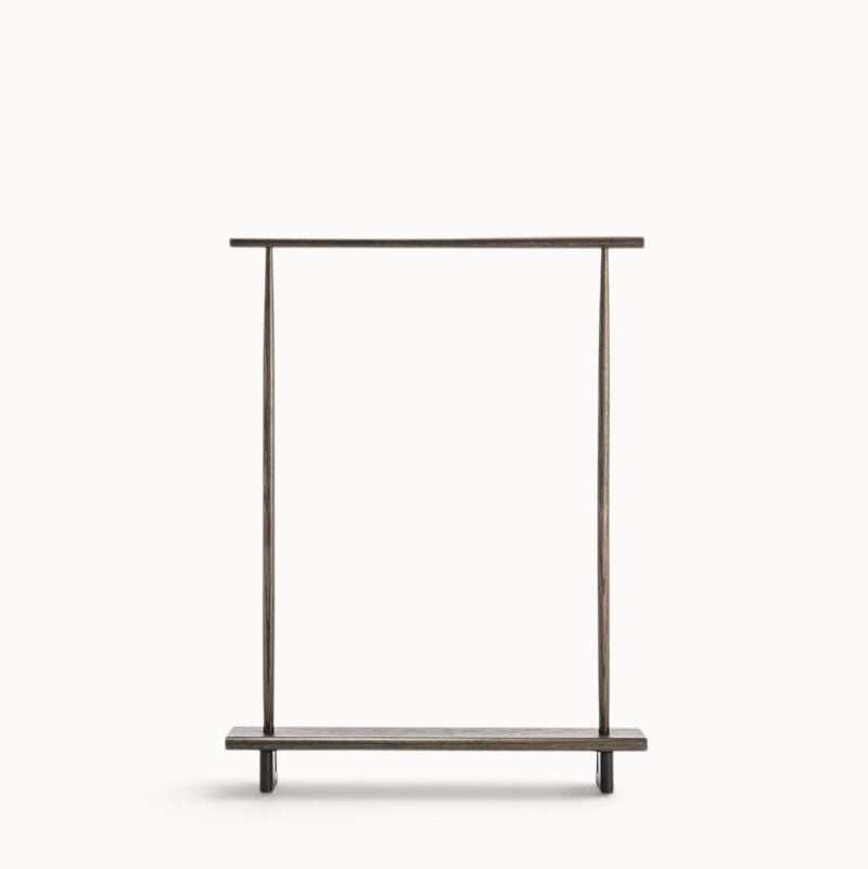 hibino Kata coat stand in dark wood with a minimalist Japanese-inspired design and a base shelf for storage