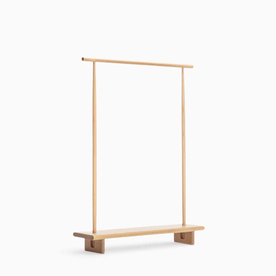 hibino Kata coat stand in natural oak wood with a minimalist Japanese-inspired design and a sturdy base shelf
