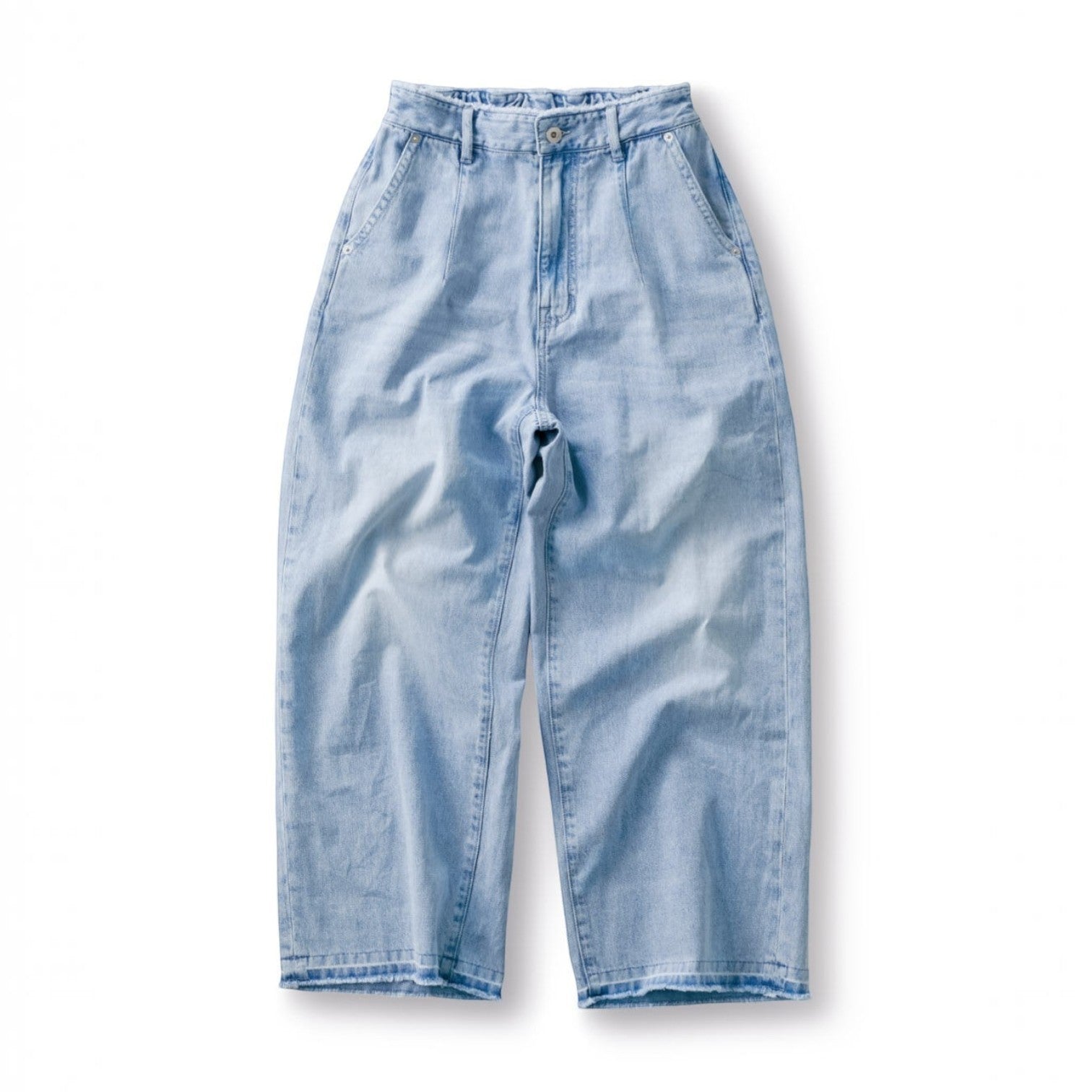 hibino light blue vintage-wash jeans with a cut-off waistband and worn hem detail