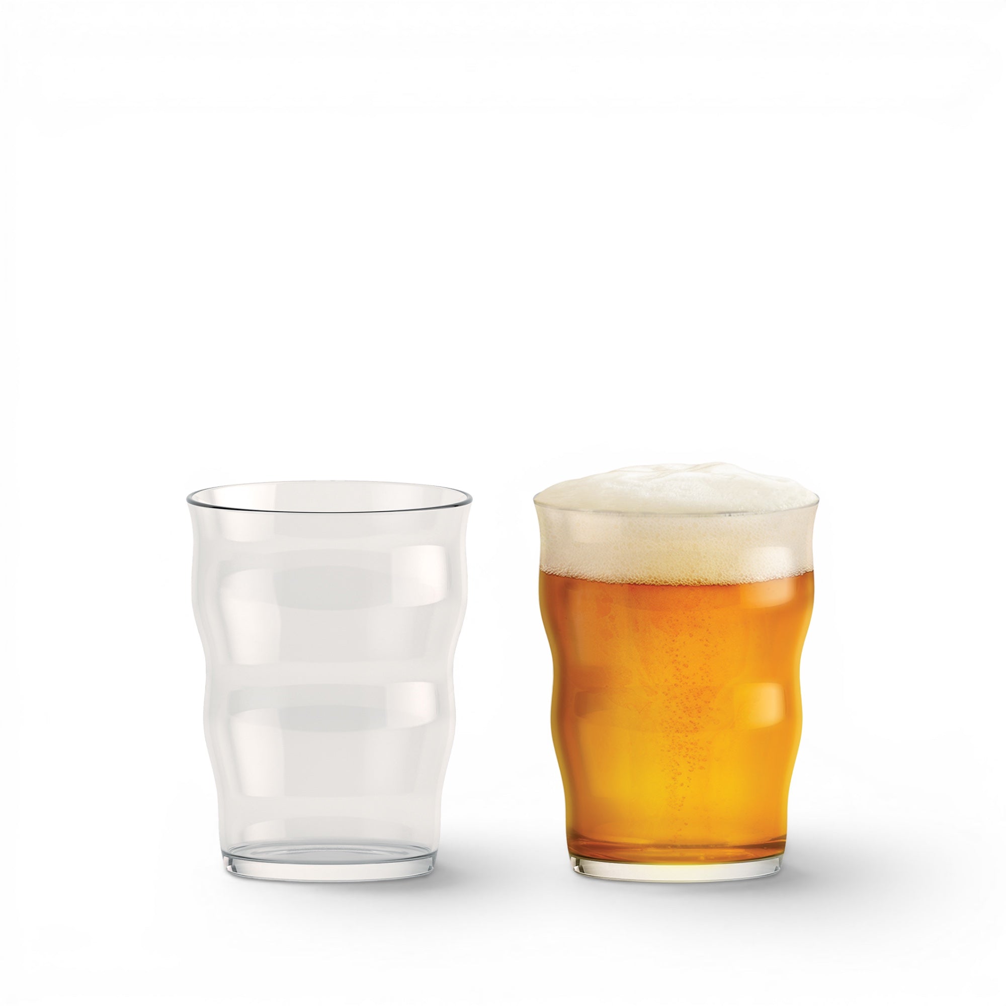 hibino Mikkeller set of two 400ml stackable beer glasses by Holmegaard, one empty and one filled with golden lager.