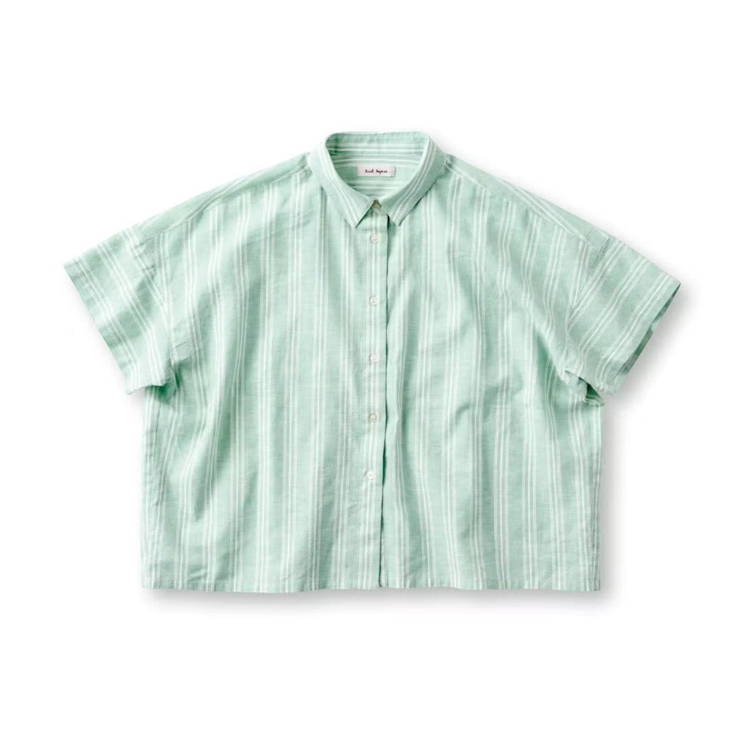 hibino mint striped short-sleeve shirt in a relaxed cotton-linen blend with a back box pleat