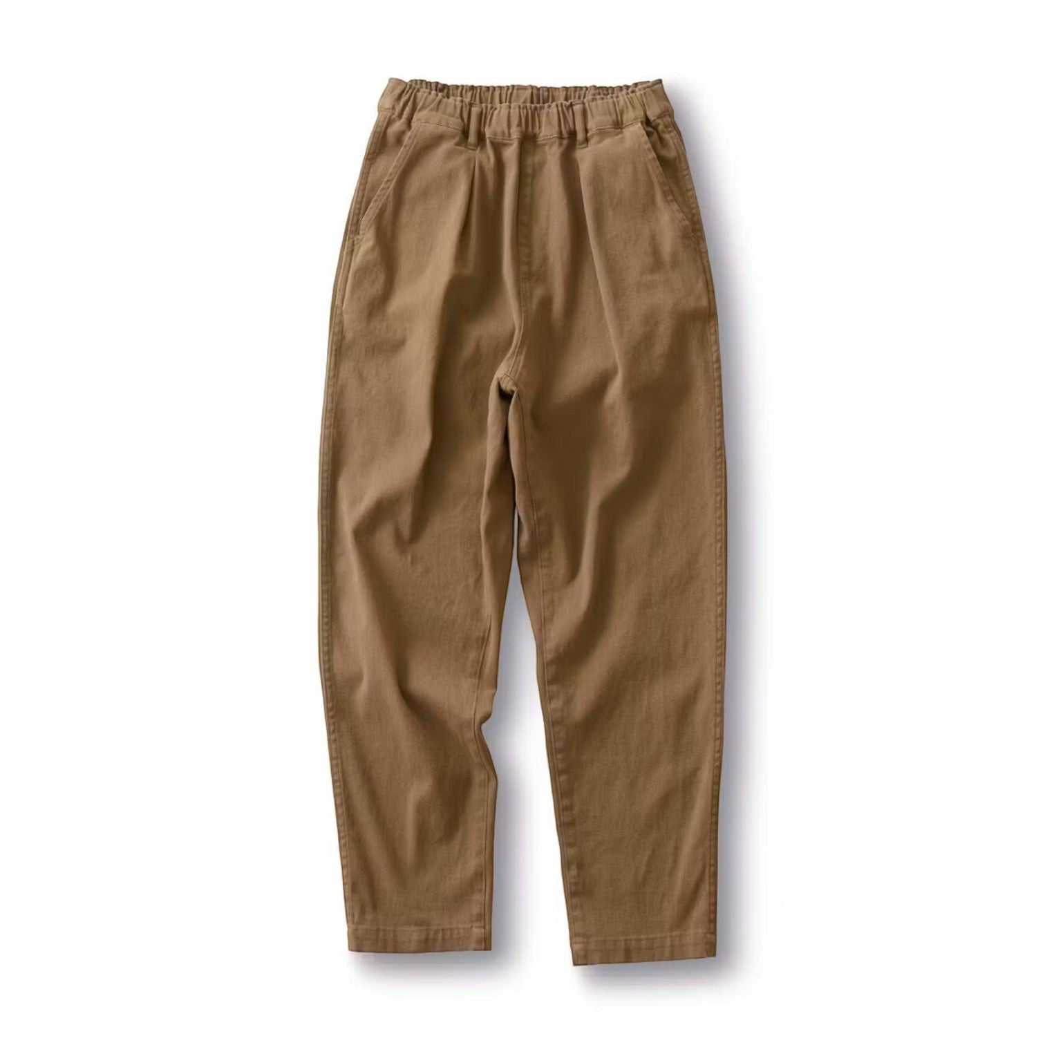 hibino relaxed chino pants in mustard with a tapered leg and elasticated waist