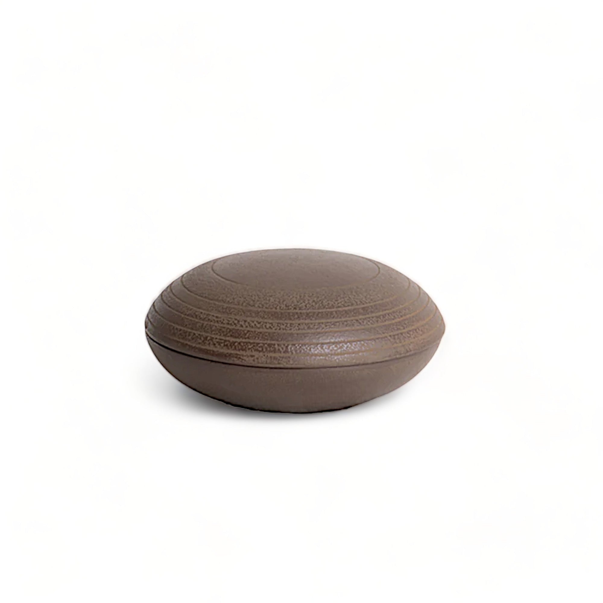 hibino Nambu tekki cast iron round box with textured striped pattern, handcrafted in Iwate, Japan