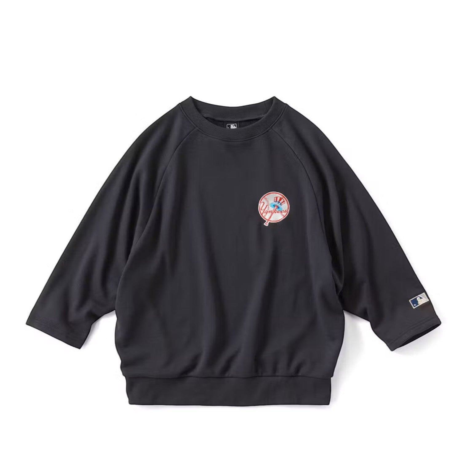 hibino charcoal black New York Yankees Cooperstown Collection sweatshirt with three-quarter sleeves and chest logo