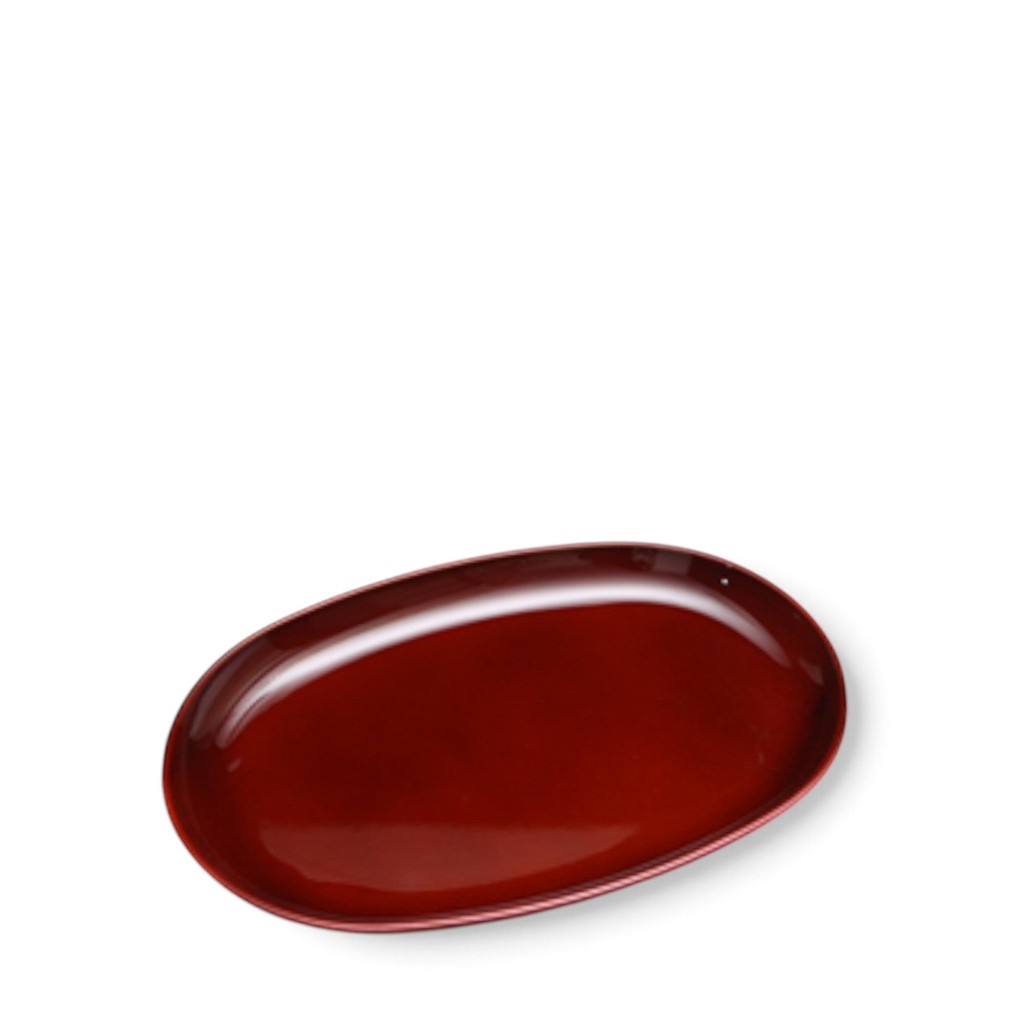 hibino oval Urushi plate in traditional vermilion red with a deep glossy lacquer finish and minimalist design