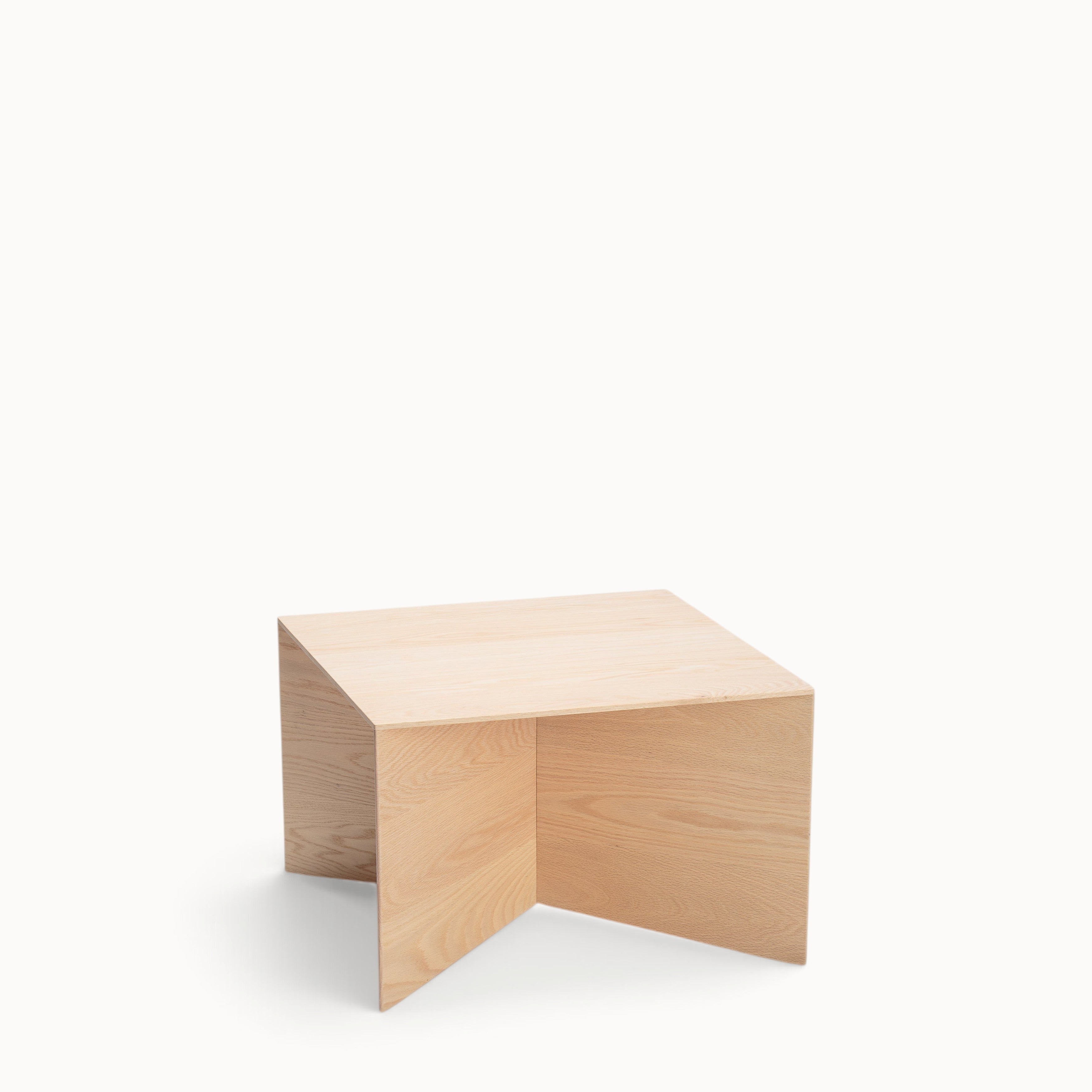 hibino Paperwood coffee table in natural oak wood with a minimalist tapered design and cross-shaped base