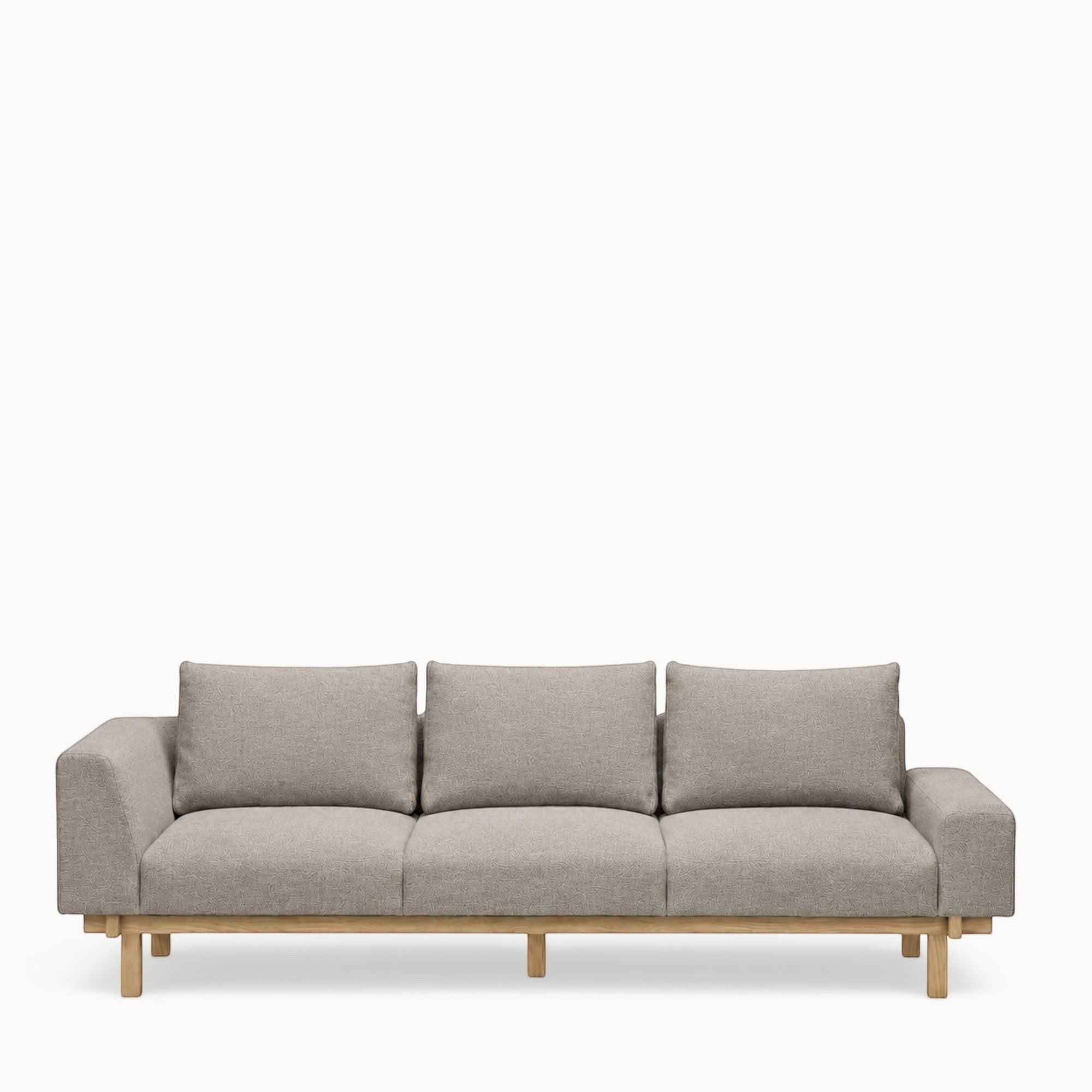 hibino Raft sofa in light grey fabric with a natural solid wood frame, featuring a minimalist three-seater design.