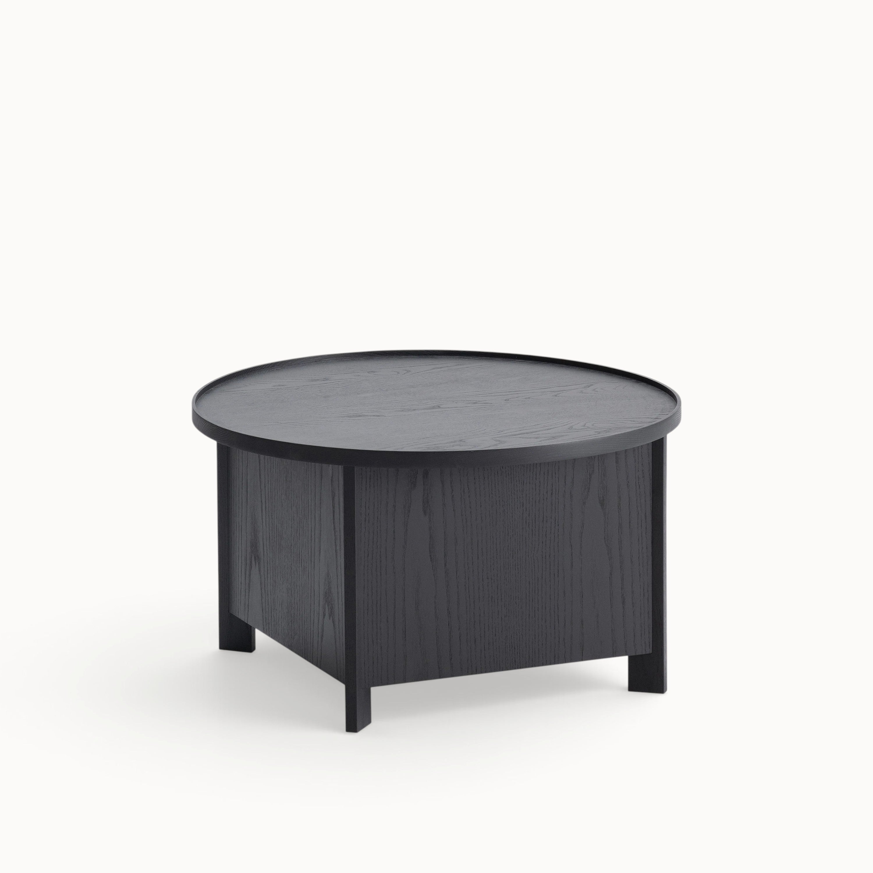 hibino Sake black wooden coffee table with a removable round tray top and integrated storage compartment