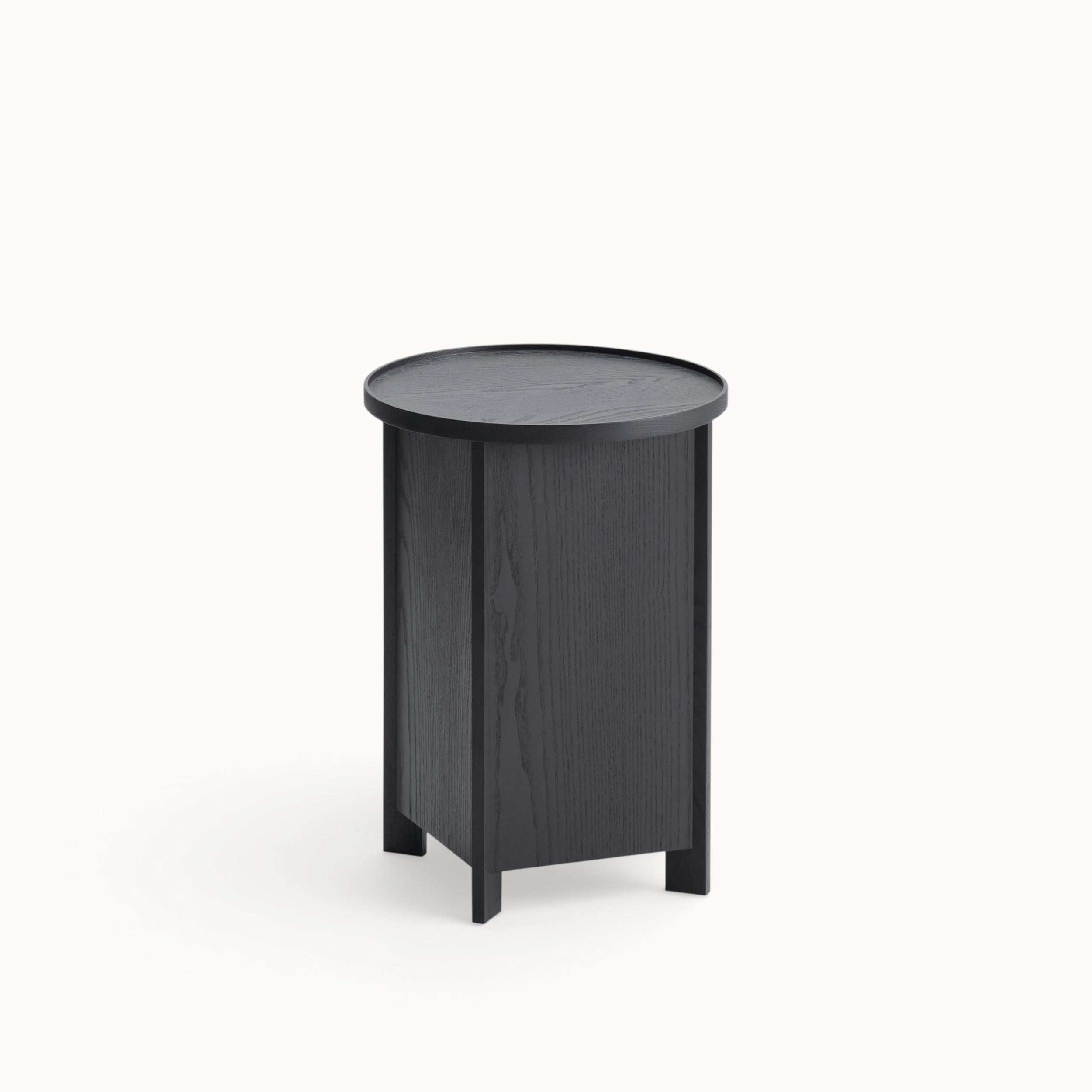 hibino Sake black wooden side table with a removable round tray top and integrated storage compartment