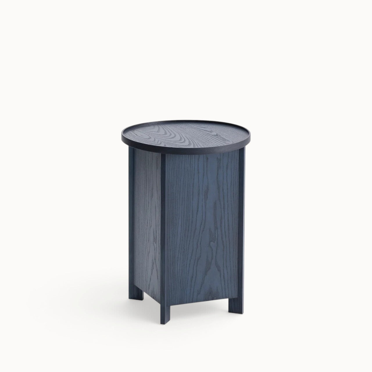 hibino Sake side table in dark blue wood with a removable round tray top and integrated storage compartment