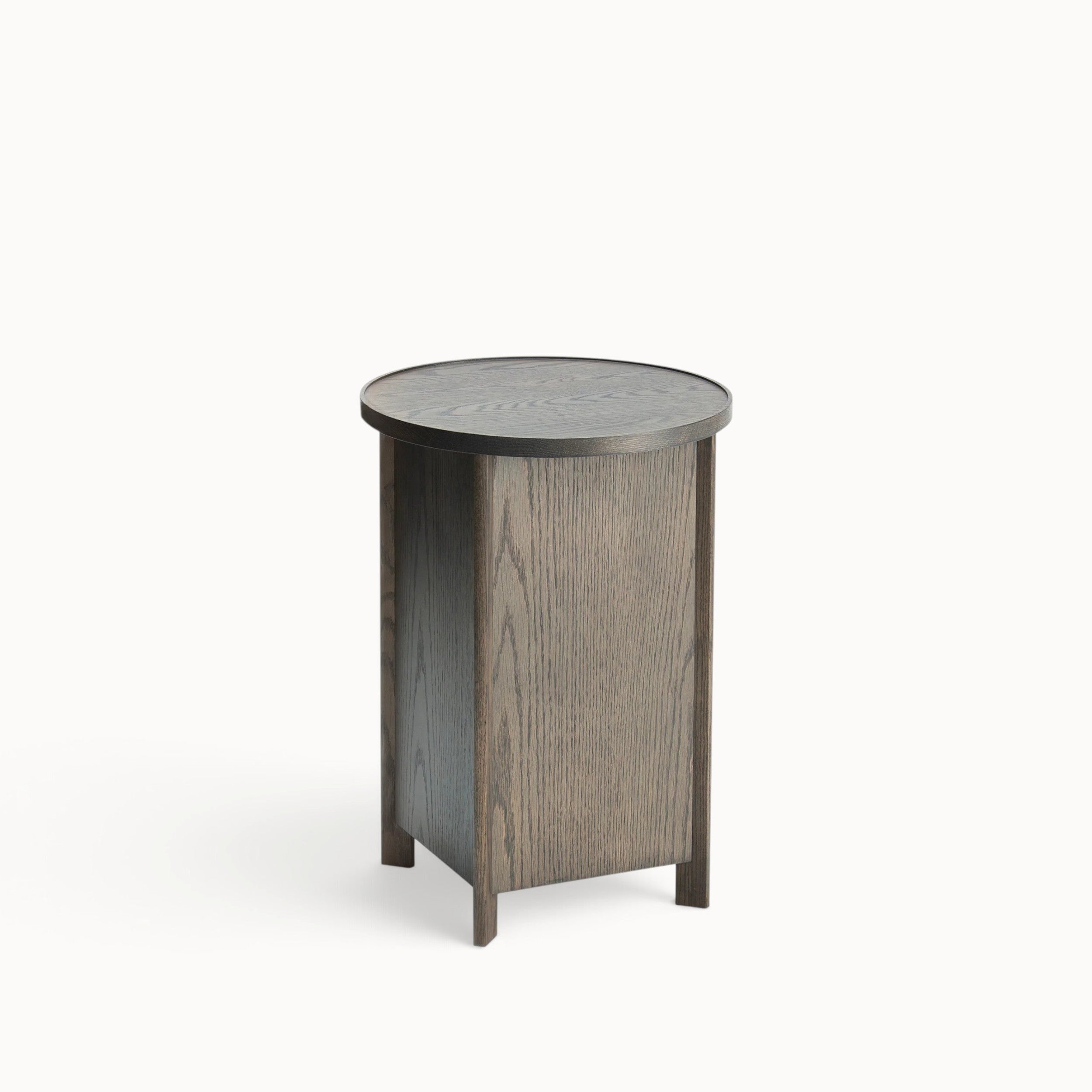 hibino Sake table in dark stained wood with a removable round tray top and integrated storage compartment