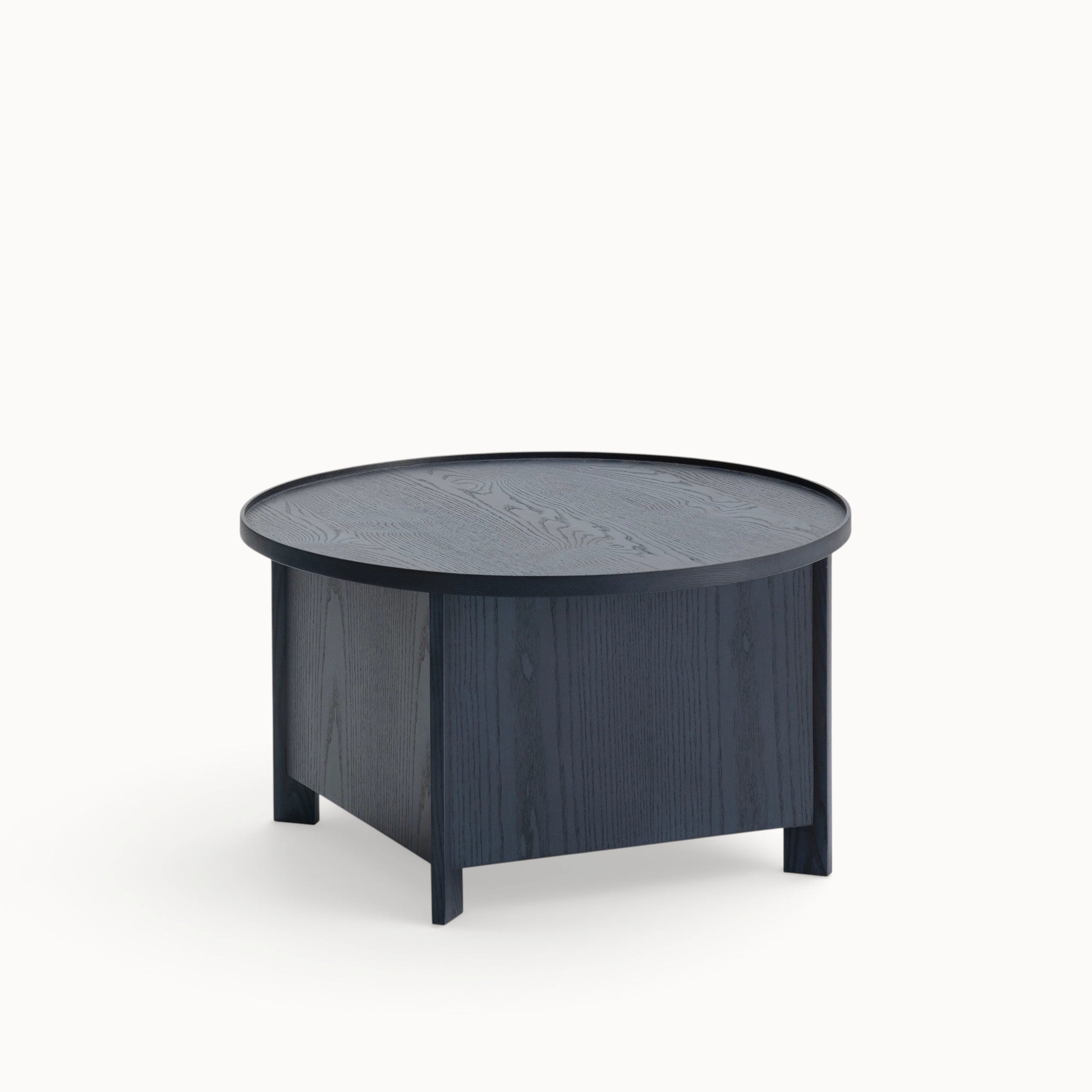 hibino Sake Tables featuring a black wooden round tray top and square storage base with a minimalist Japandi design.