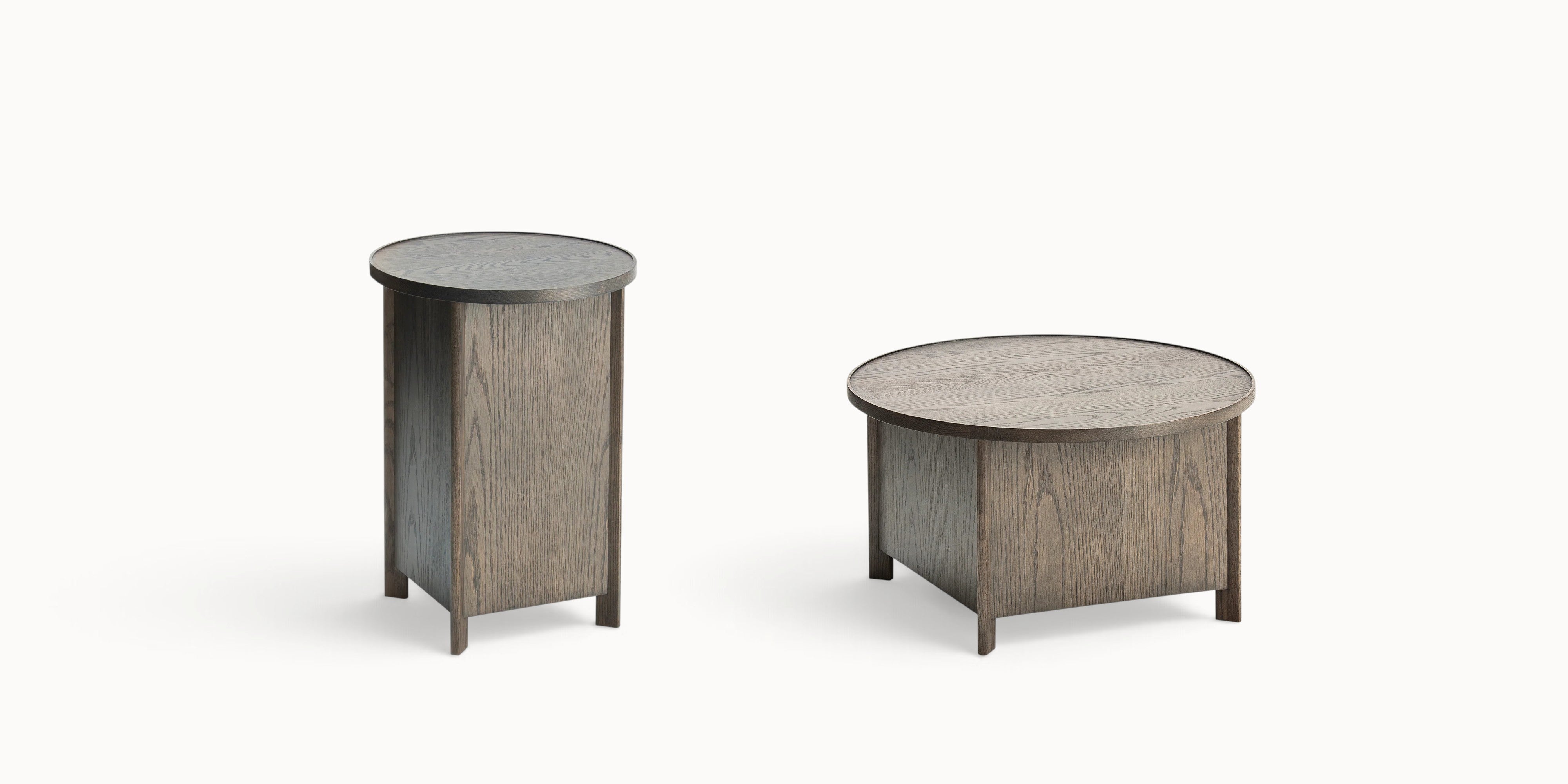 hibino Sake Tables set featuring dark wood storage units with removable circular trays in a Japandi style design
