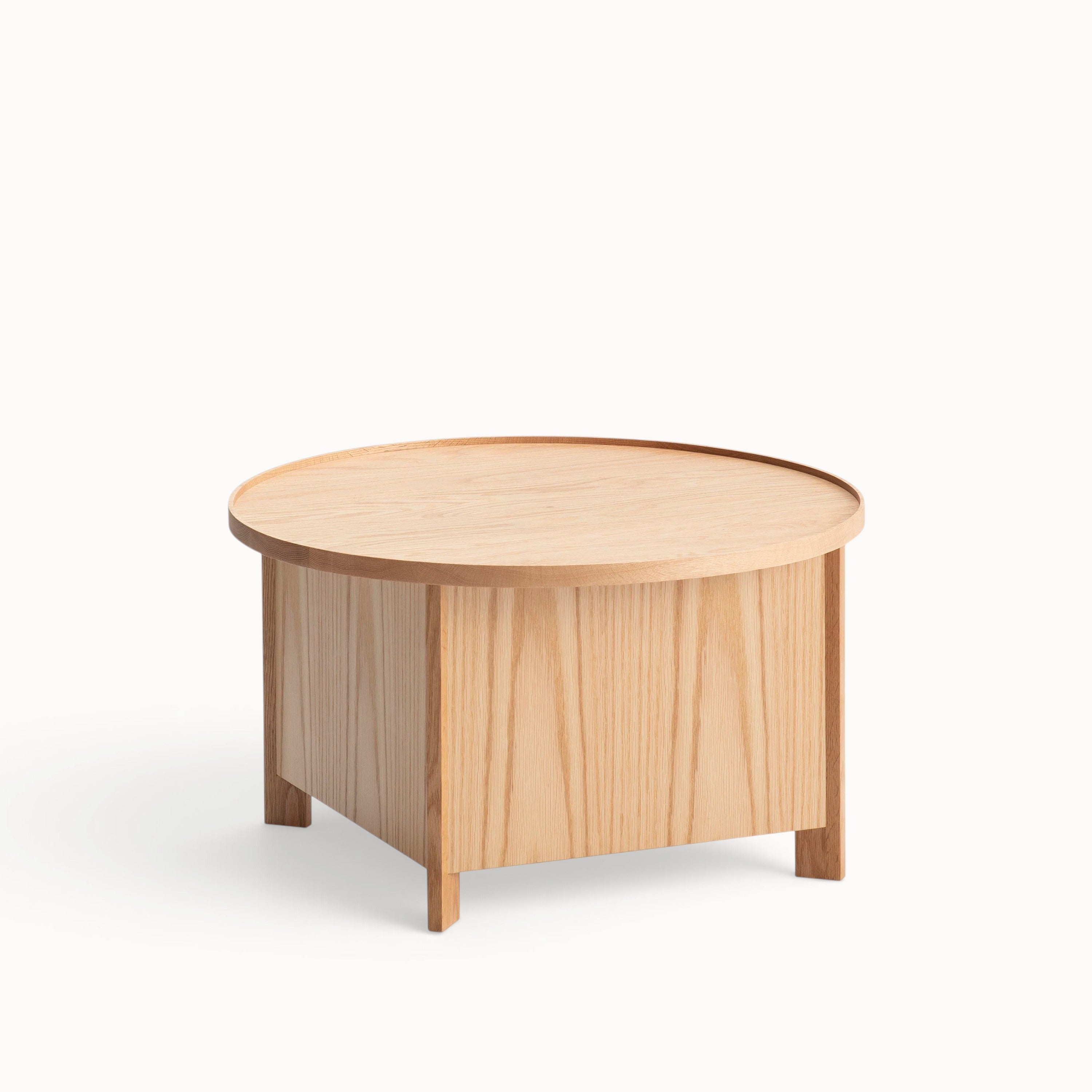 hibino Sake Tables featuring a light oak wood finish, round removable tray top, and integrated storage box base.