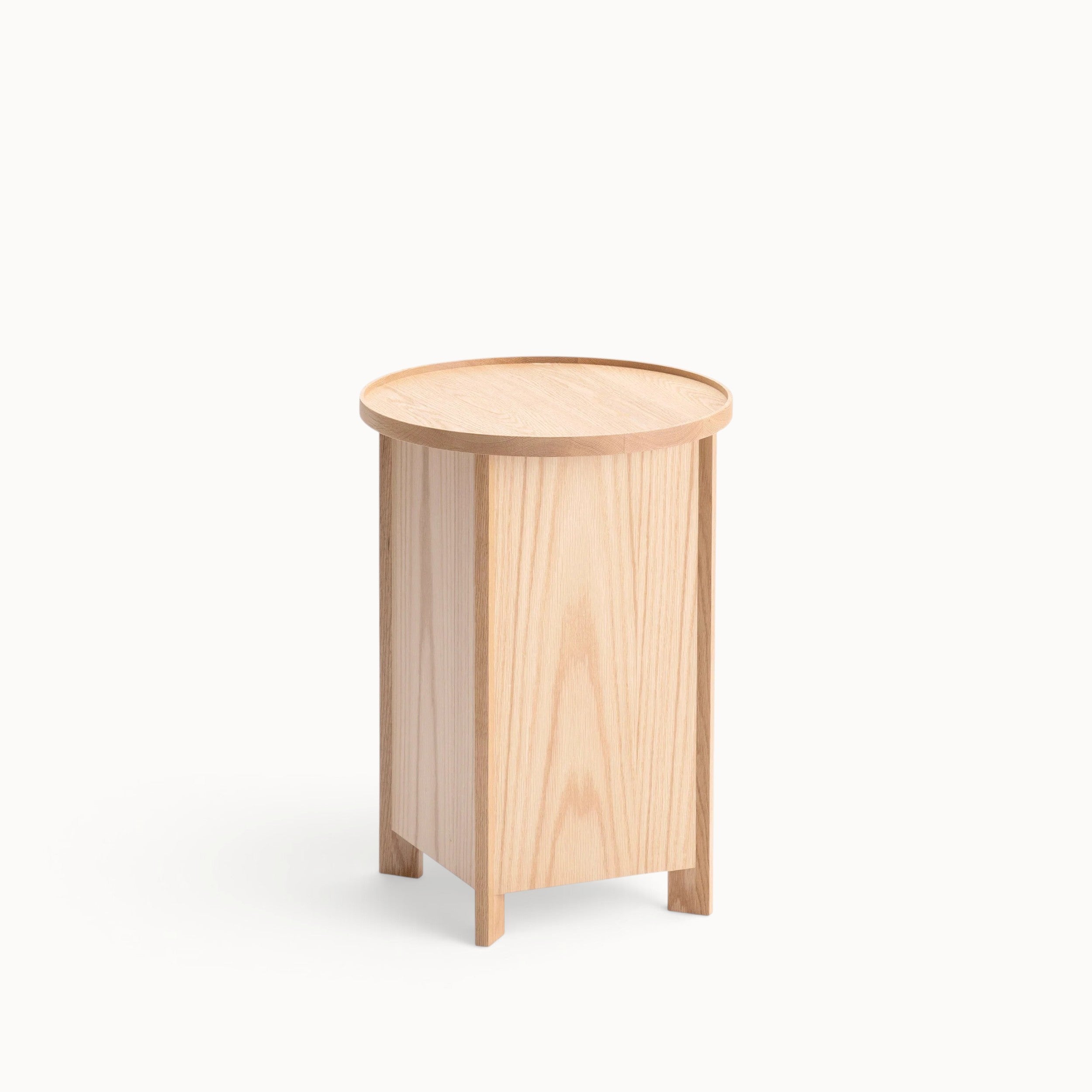 hibino Sake Tables featuring a light oak wood storage unit with a removable round tray top in a Japandi style