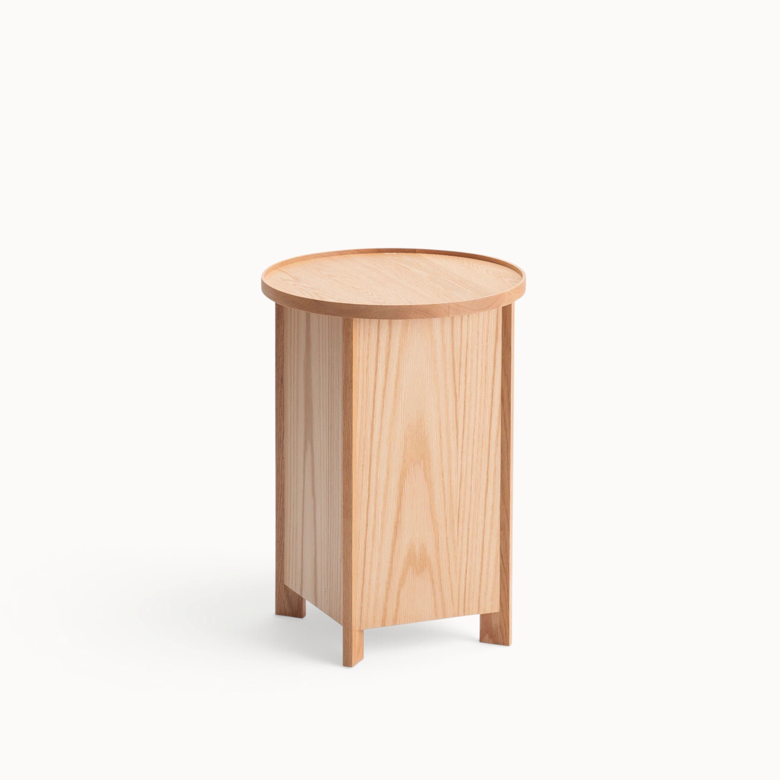 hibino Sake Tables featuring a light wood storage unit with a removable round tray top in a Japandi style design