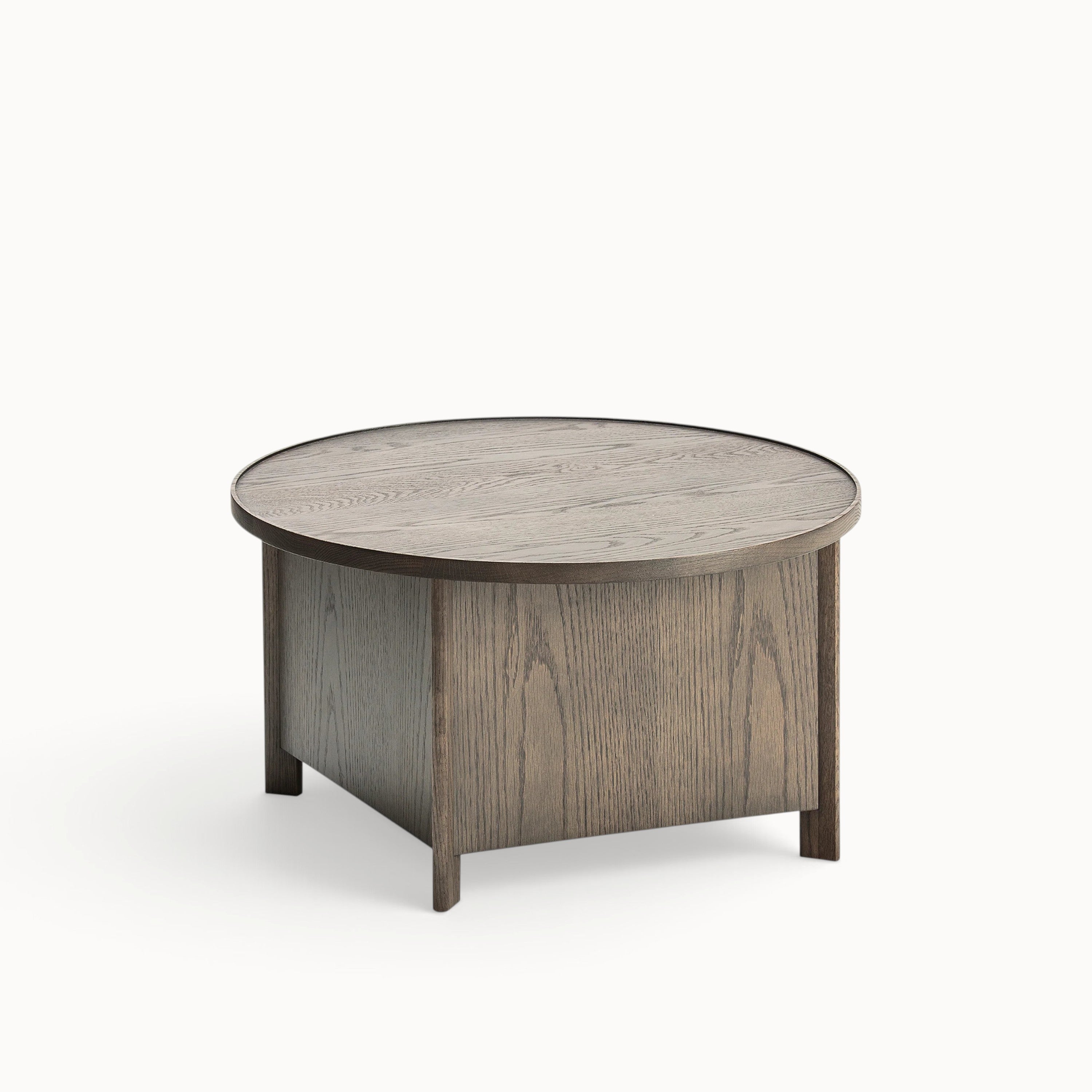 hibino Sake wooden coffee table with a removable round tray top and integrated storage in a dark oak finish.